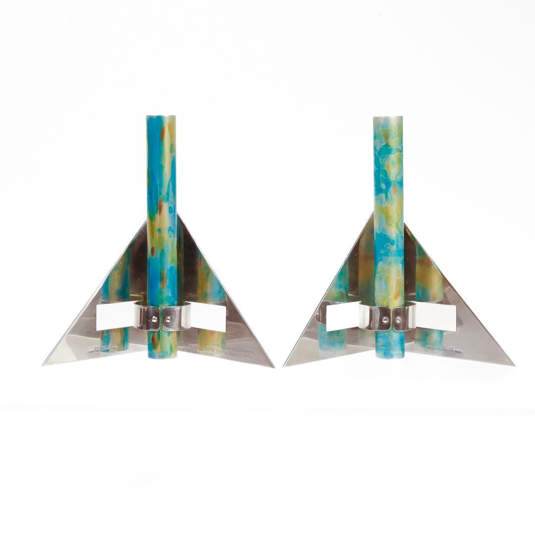 Pair Signed Arie Ofir Israeli Sterling Silver & Anodized Aluminum Candlesticks  For Sale 1