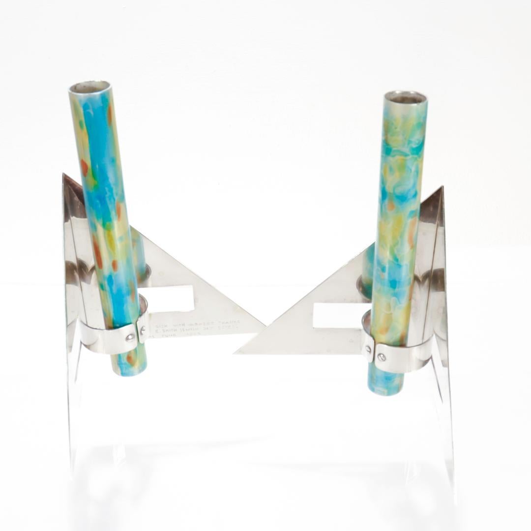 Pair Signed Arie Ofir Israeli Sterling Silver & Anodized Aluminum Candlesticks  For Sale 3