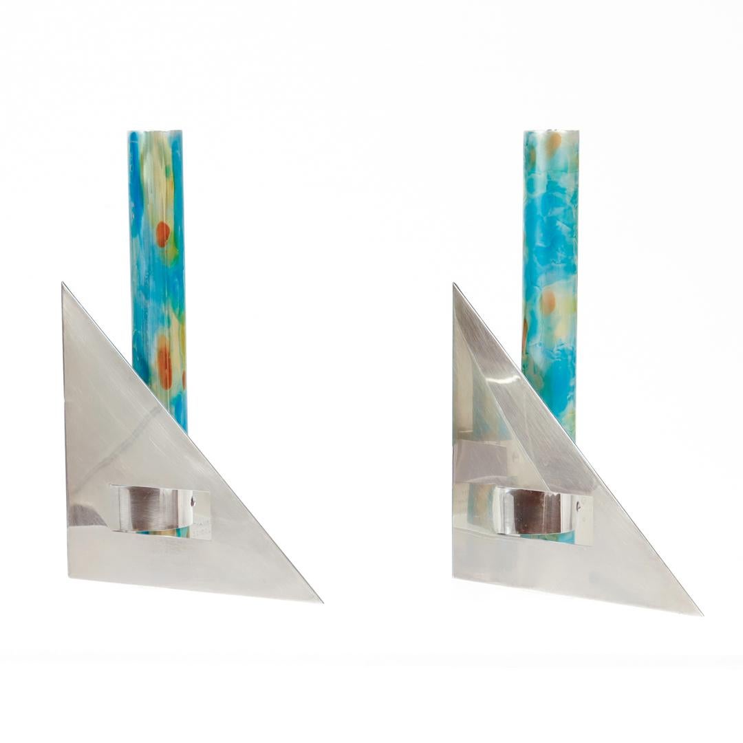 Pair Signed Arie Ofir Israeli Sterling Silver & Anodized Aluminum Candlesticks  For Sale