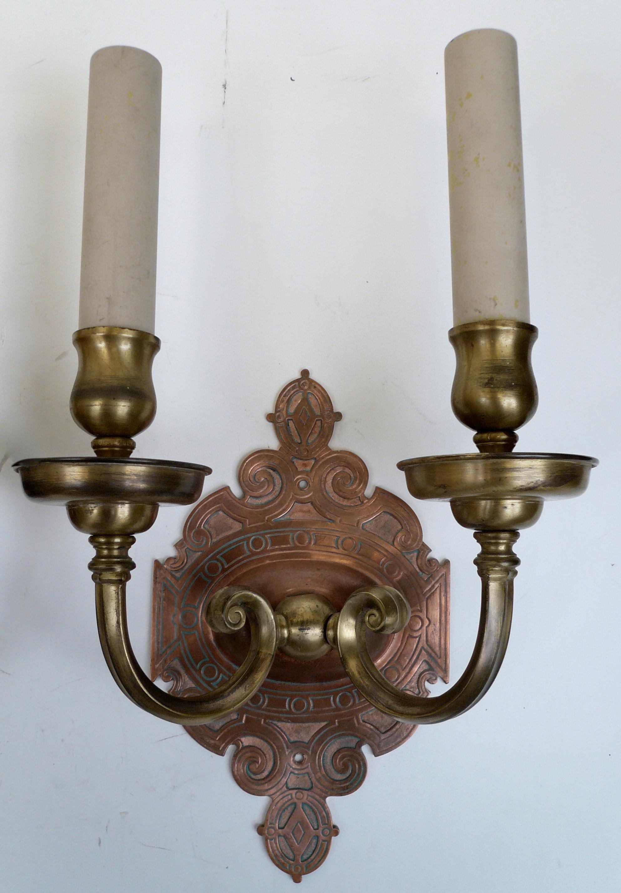 Arts and Crafts Pair of Signed Caldwell Arts & Crafts Mixed Metal Sconces