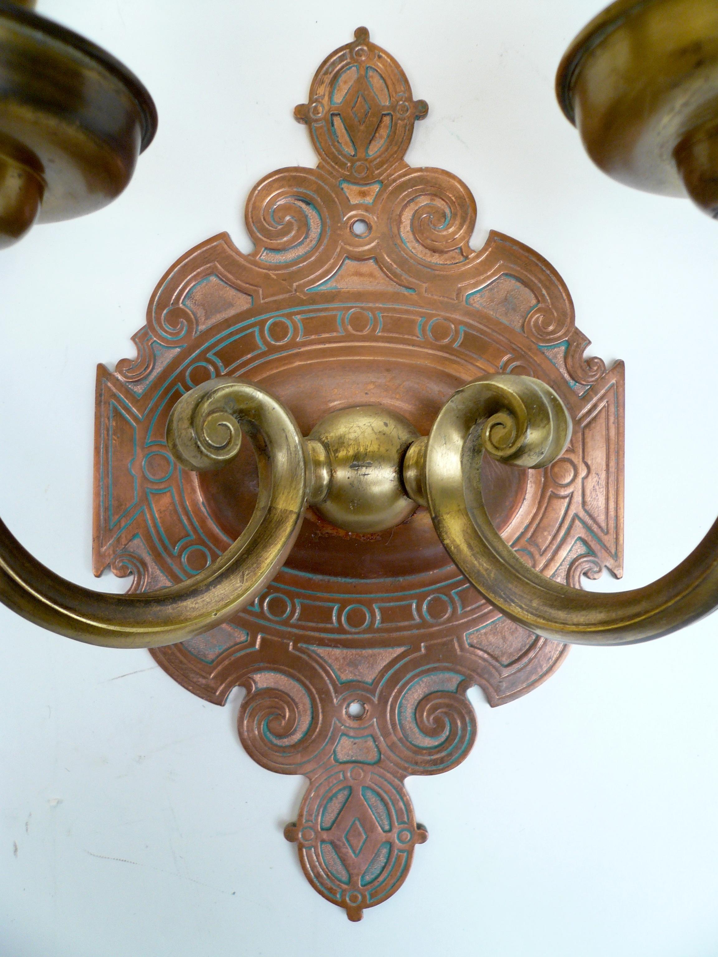 Pair of Signed Caldwell Arts & Crafts Mixed Metal Sconces In Good Condition In Pittsburgh, PA