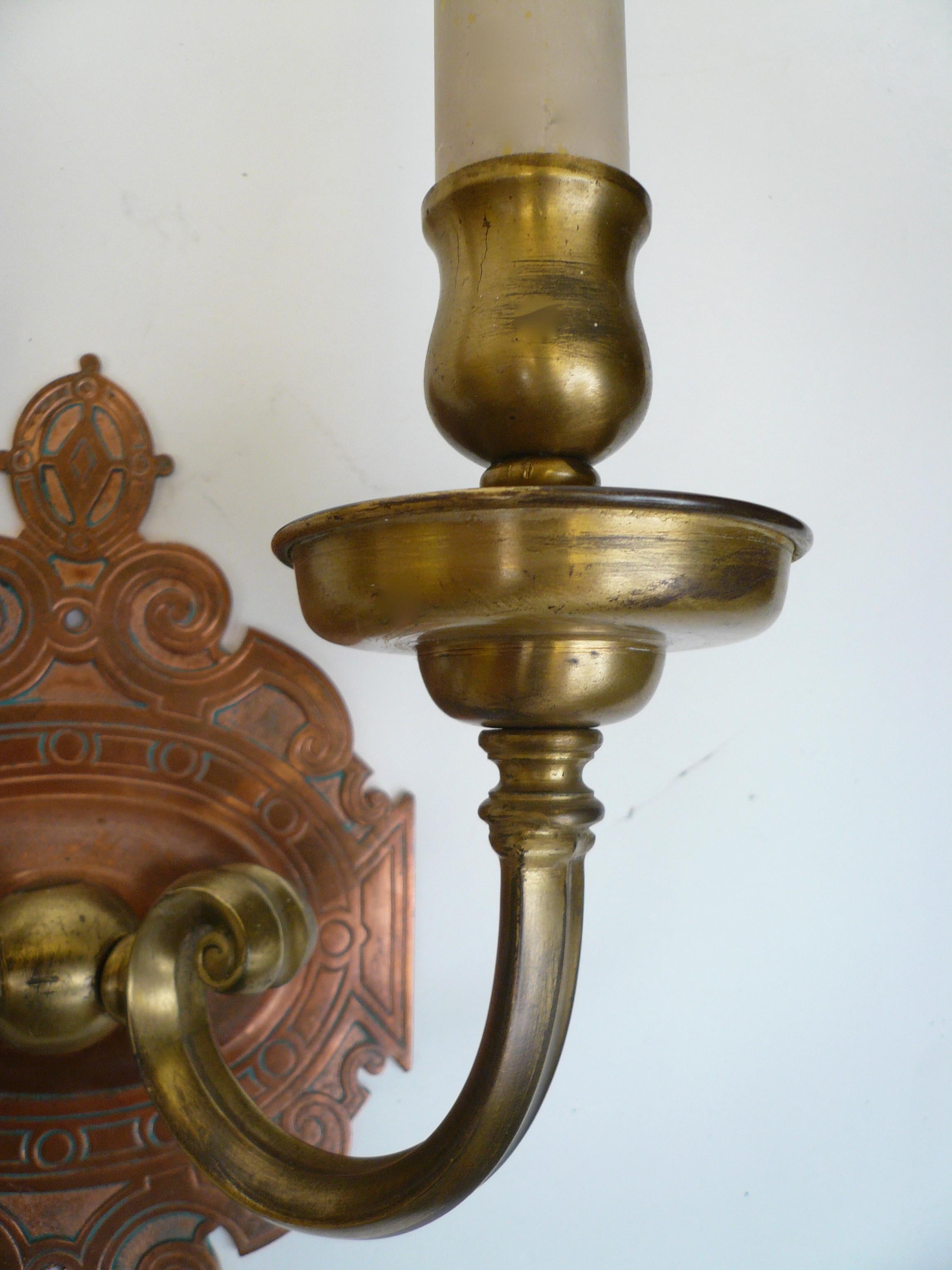 Bronze Pair of Signed Caldwell Arts & Crafts Mixed Metal Sconces