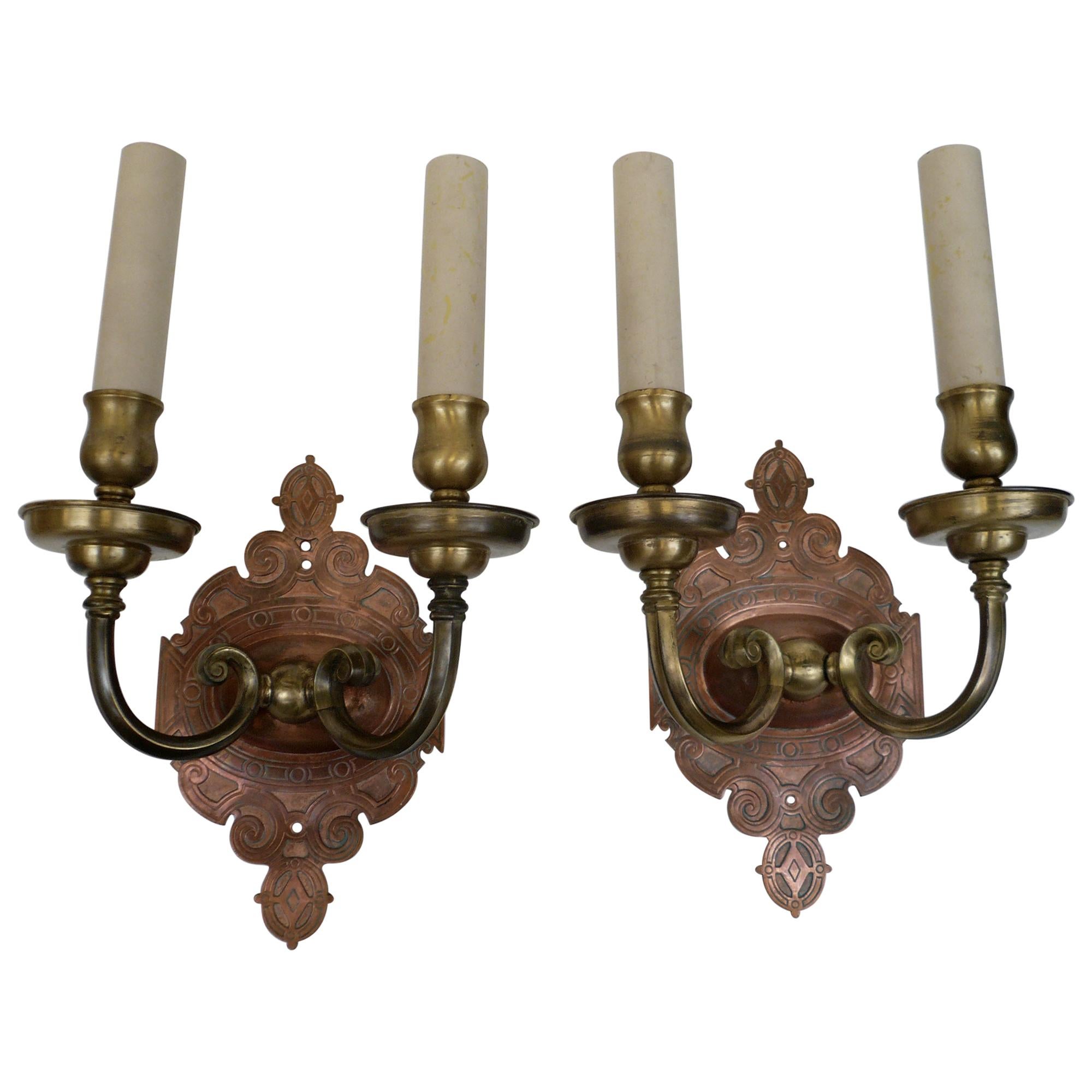 Pair of Signed Caldwell Arts & Crafts Mixed Metal Sconces
