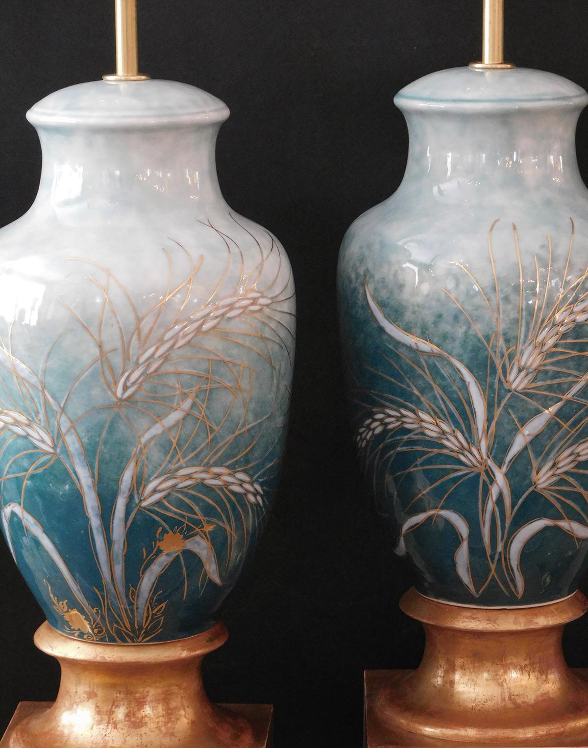 Pair Signed Camille Tharaud '1878-1956' Enameled Porcelain Lamps, Limoges In Good Condition For Sale In San Francisco, CA