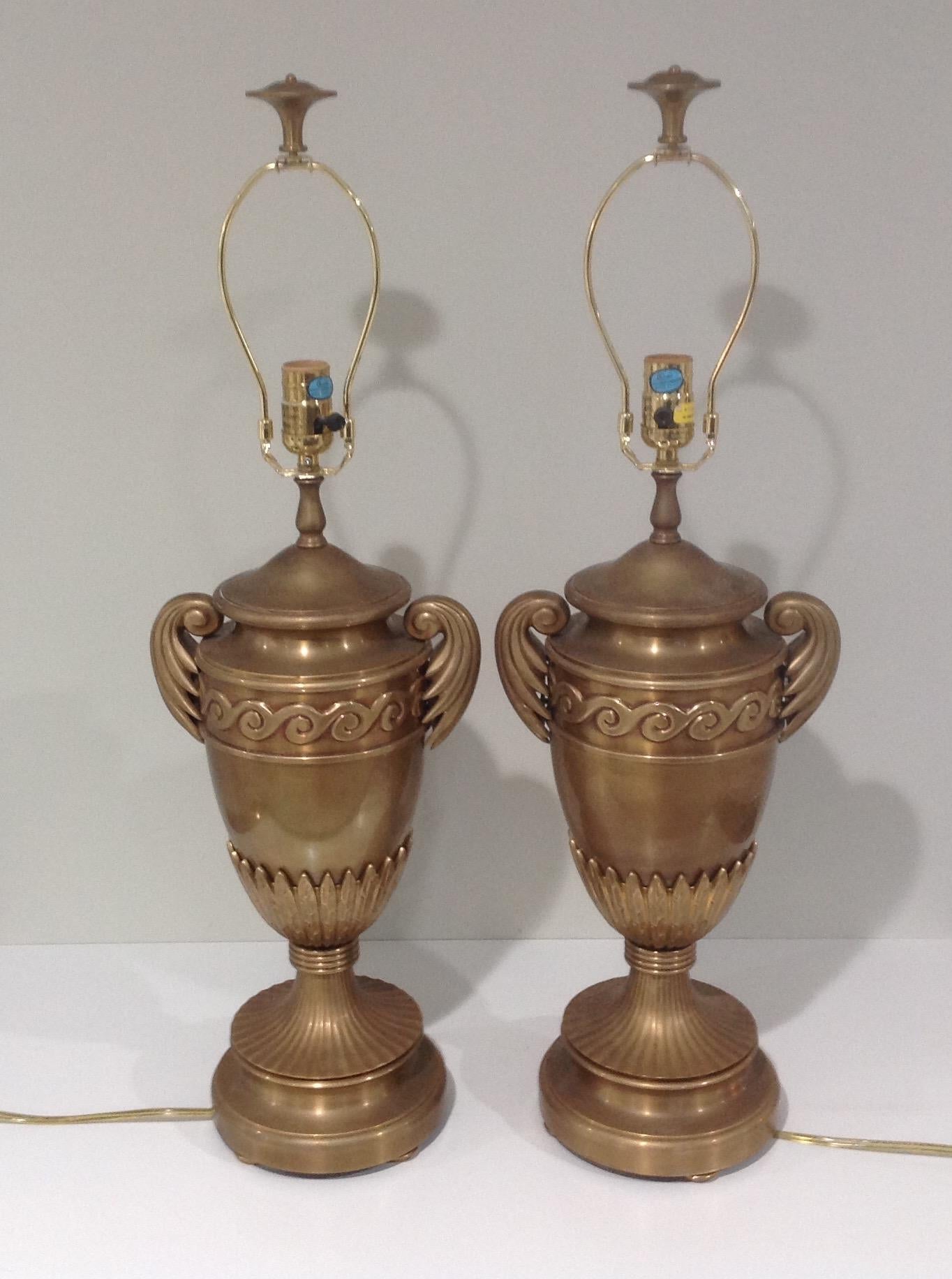 Late 20th Century Pair Signed Chapman Bronze or Brass Urn Form Lamps with Original Finials  For Sale