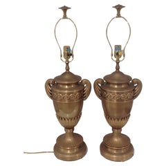 Pair Signed Chapman Bronze or Brass Urn Form Lamps with Original Finials 