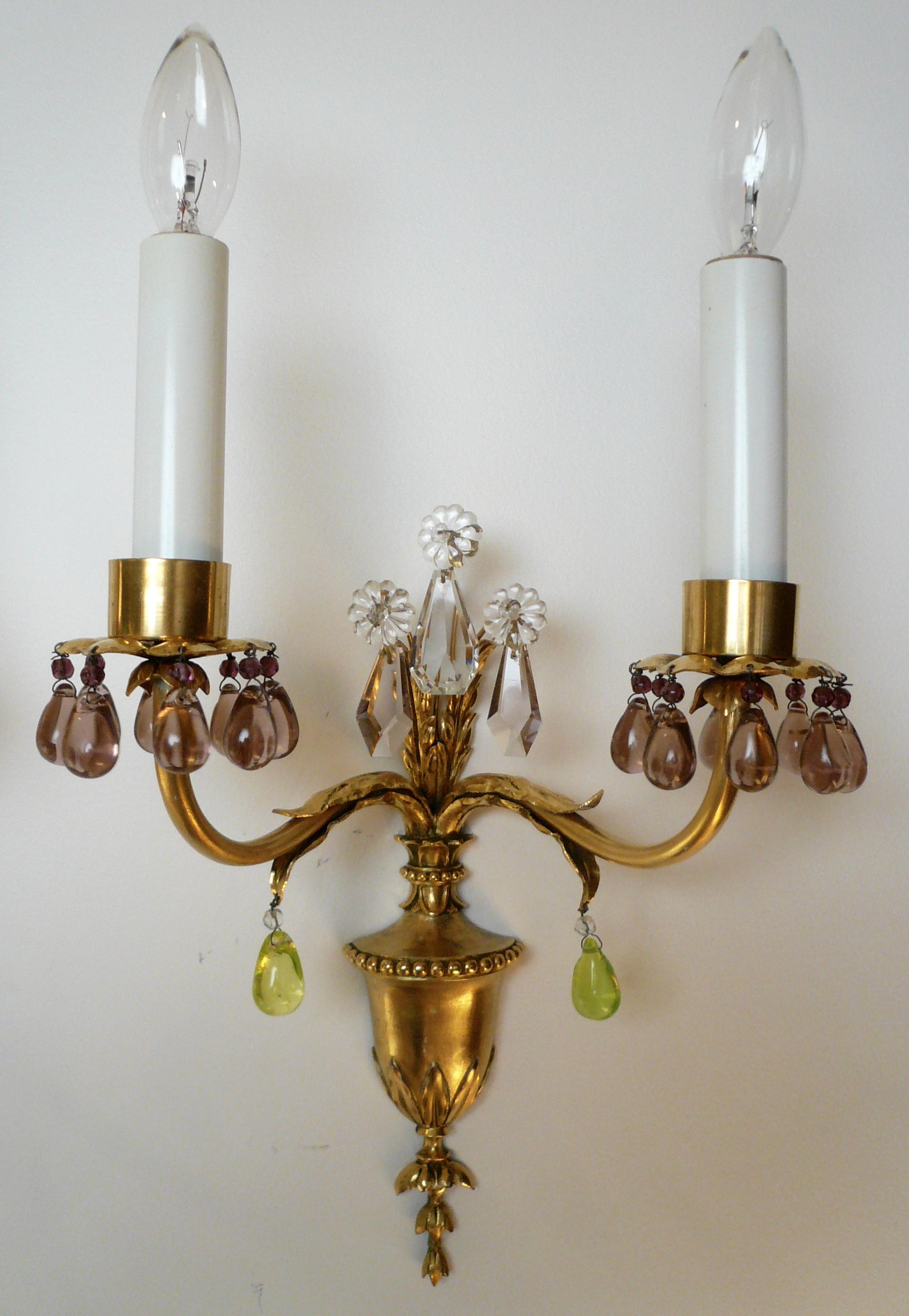 Pair Signed E F Caldwell Gilt Bronze and Crystal Urn Form Two Light Sconces 3