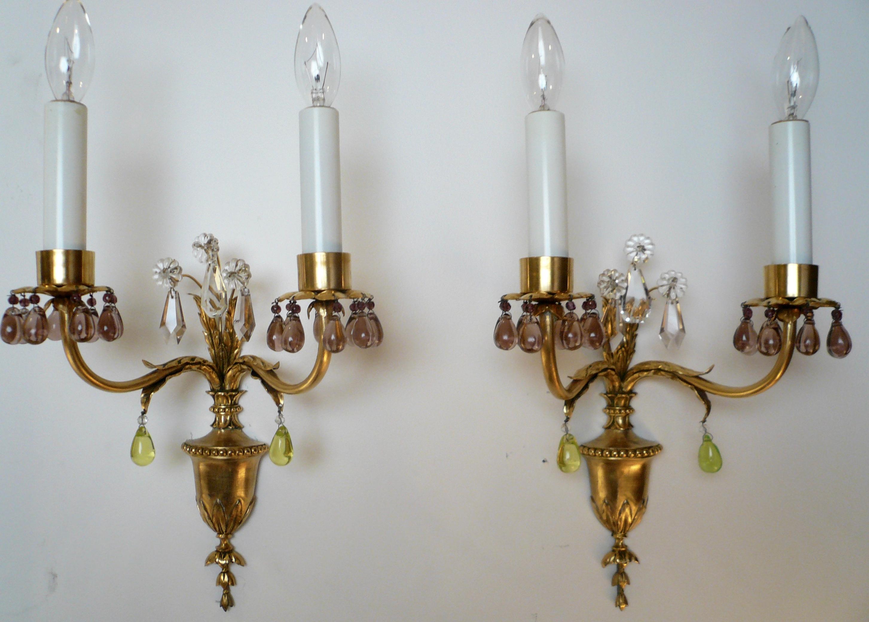 Pair Signed E F Caldwell Gilt Bronze and Crystal Urn Form Two Light Sconces 4