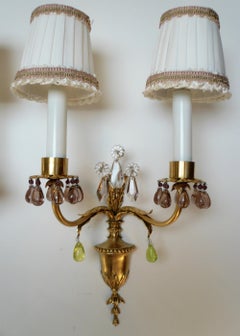 Pair Signed E F Caldwell Gilt Bronze and Crystal Urn Form Two Light Sconces