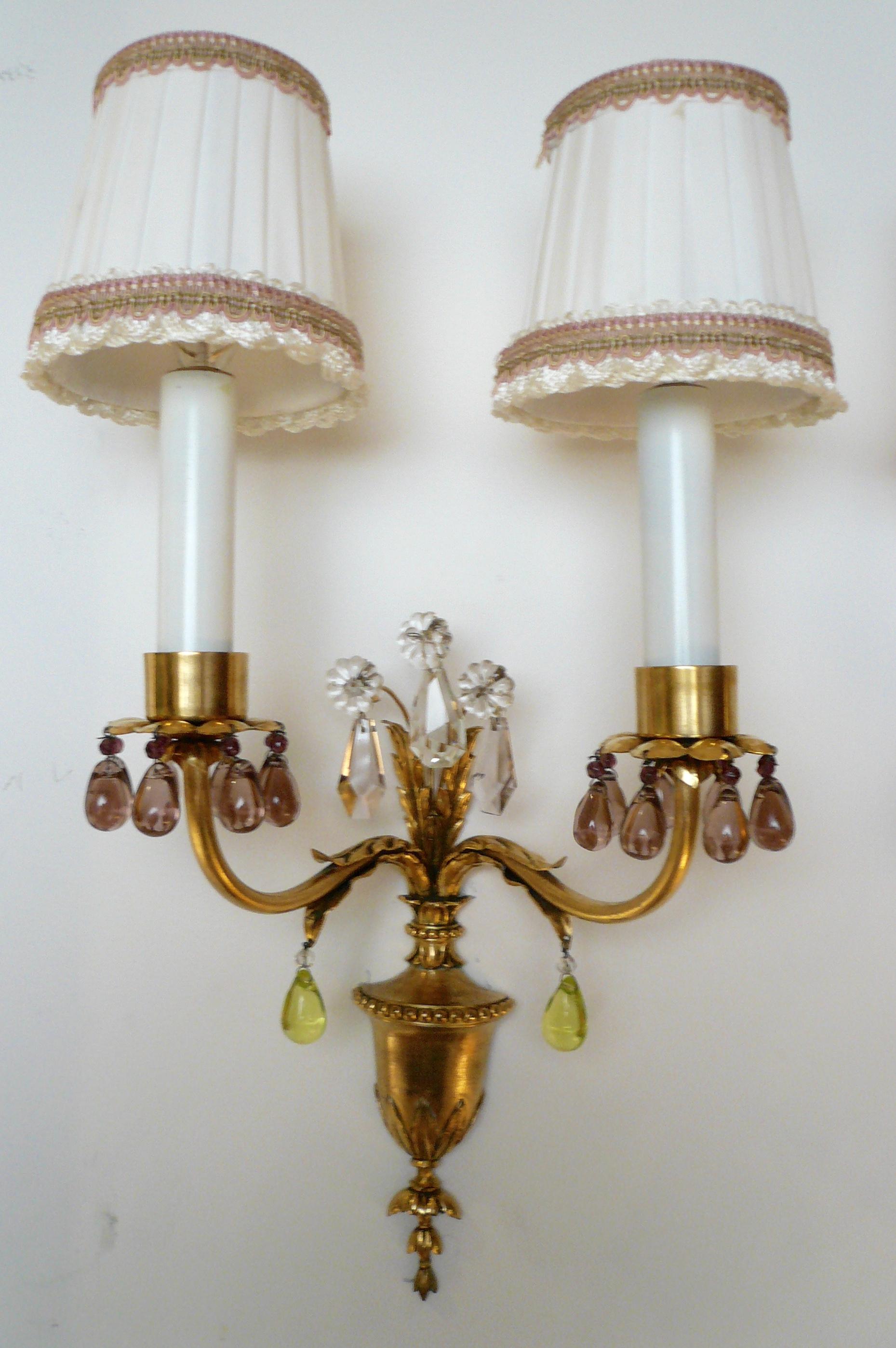 Adam Style Pair Signed E F Caldwell Gilt Bronze and Crystal Urn Form Two Light Sconces
