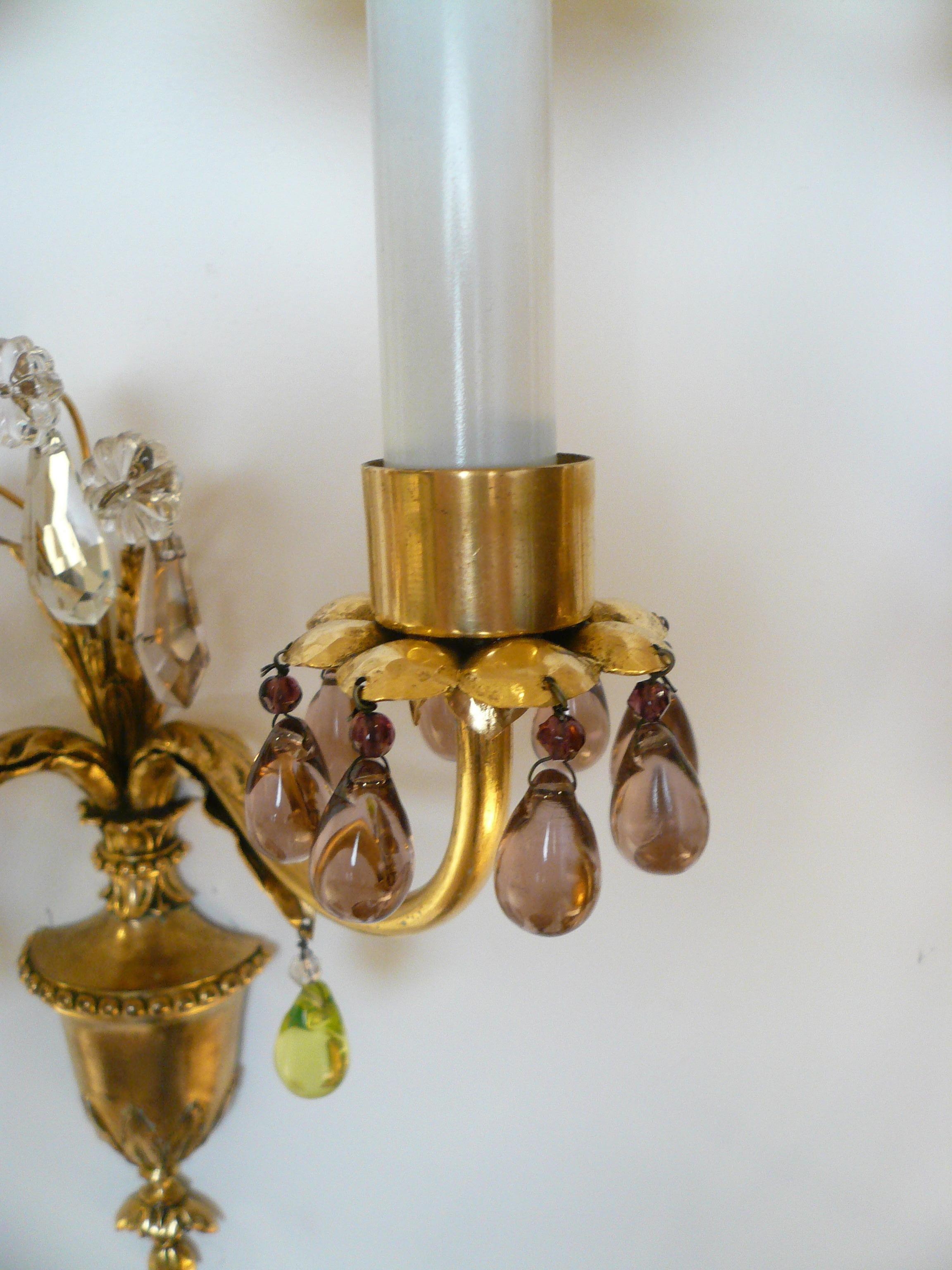 American Pair Signed E F Caldwell Gilt Bronze and Crystal Urn Form Two Light Sconces
