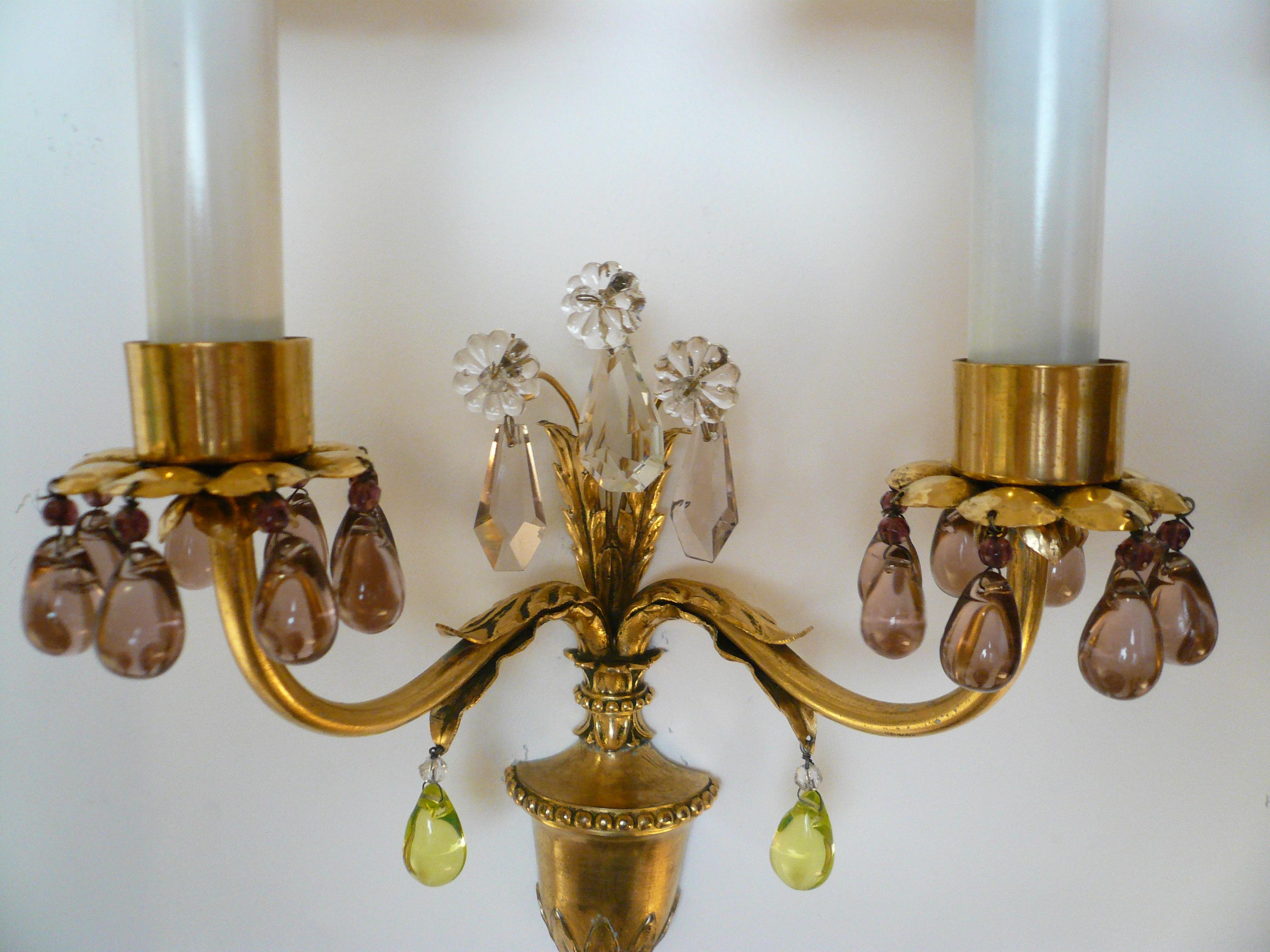 Faceted Pair Signed E F Caldwell Gilt Bronze and Crystal Urn Form Two Light Sconces