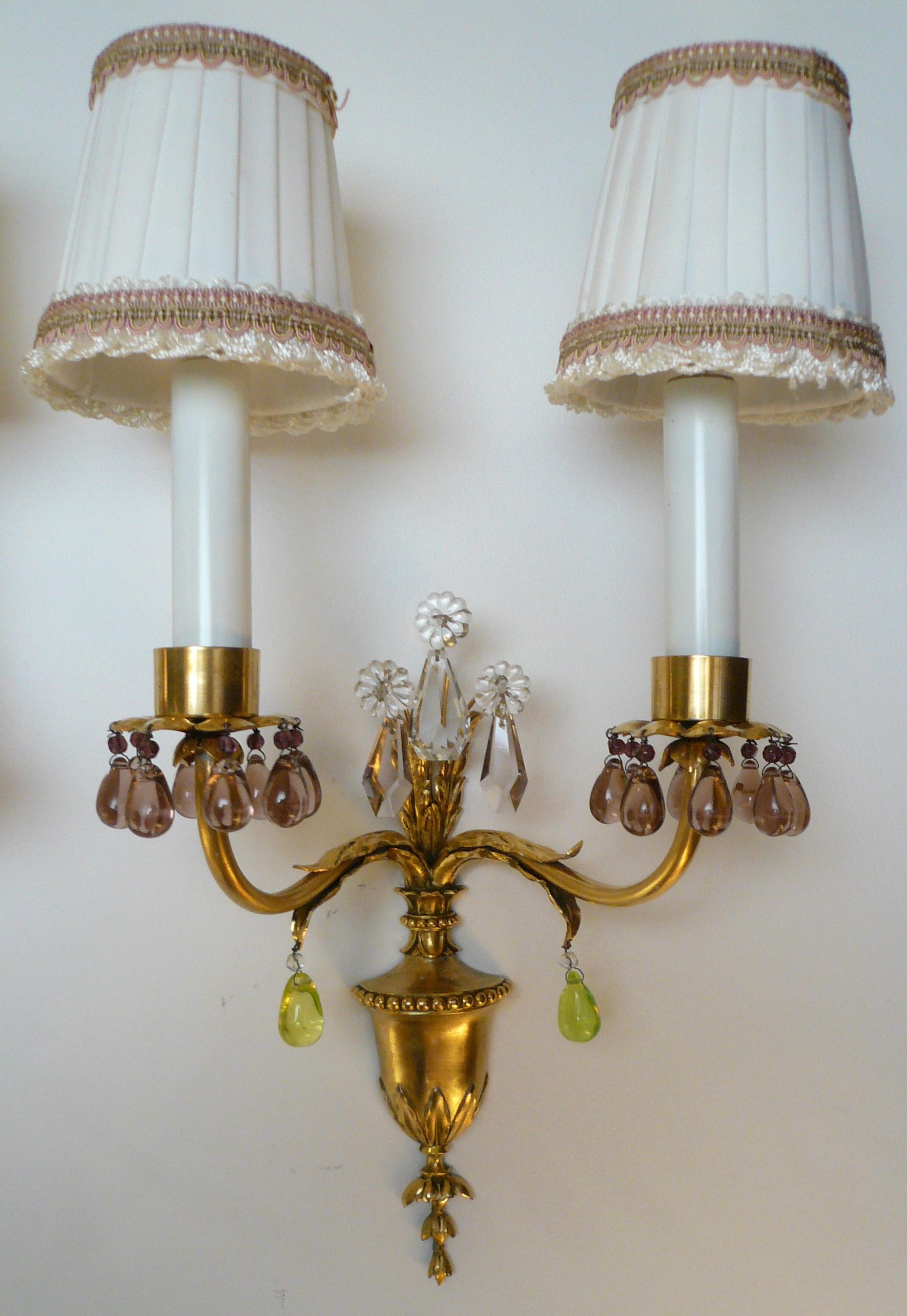 Pair Signed E F Caldwell Gilt Bronze and Crystal Urn Form Two Light Sconces In Good Condition In Pittsburgh, PA