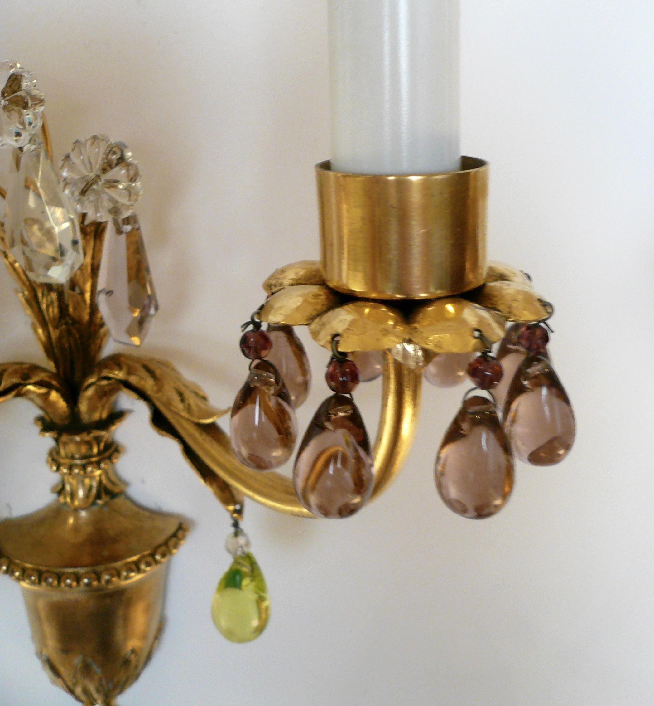 20th Century Pair Signed E F Caldwell Gilt Bronze and Crystal Urn Form Two Light Sconces