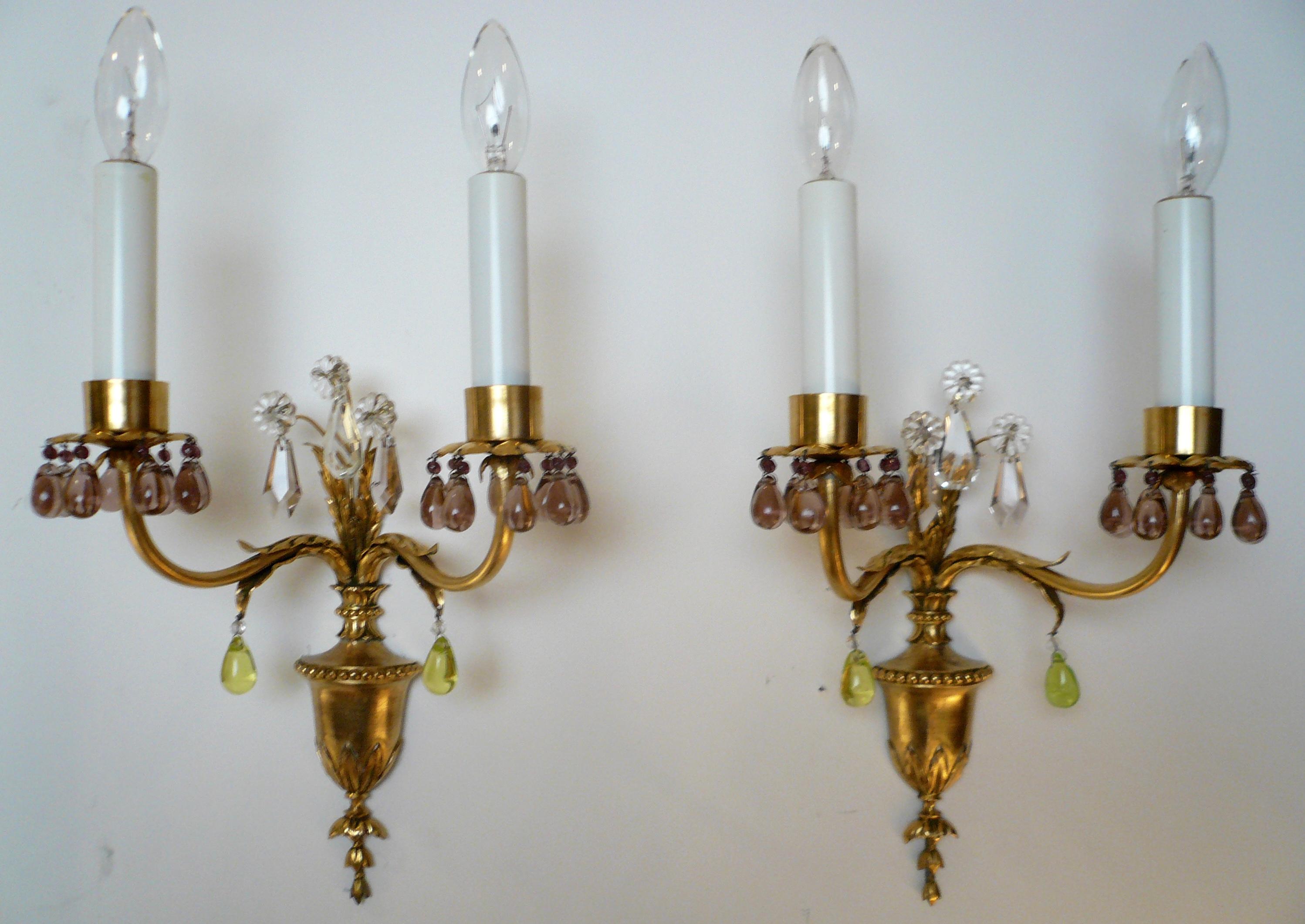 Pair Signed E F Caldwell Gilt Bronze and Crystal Urn Form Two Light Sconces 1