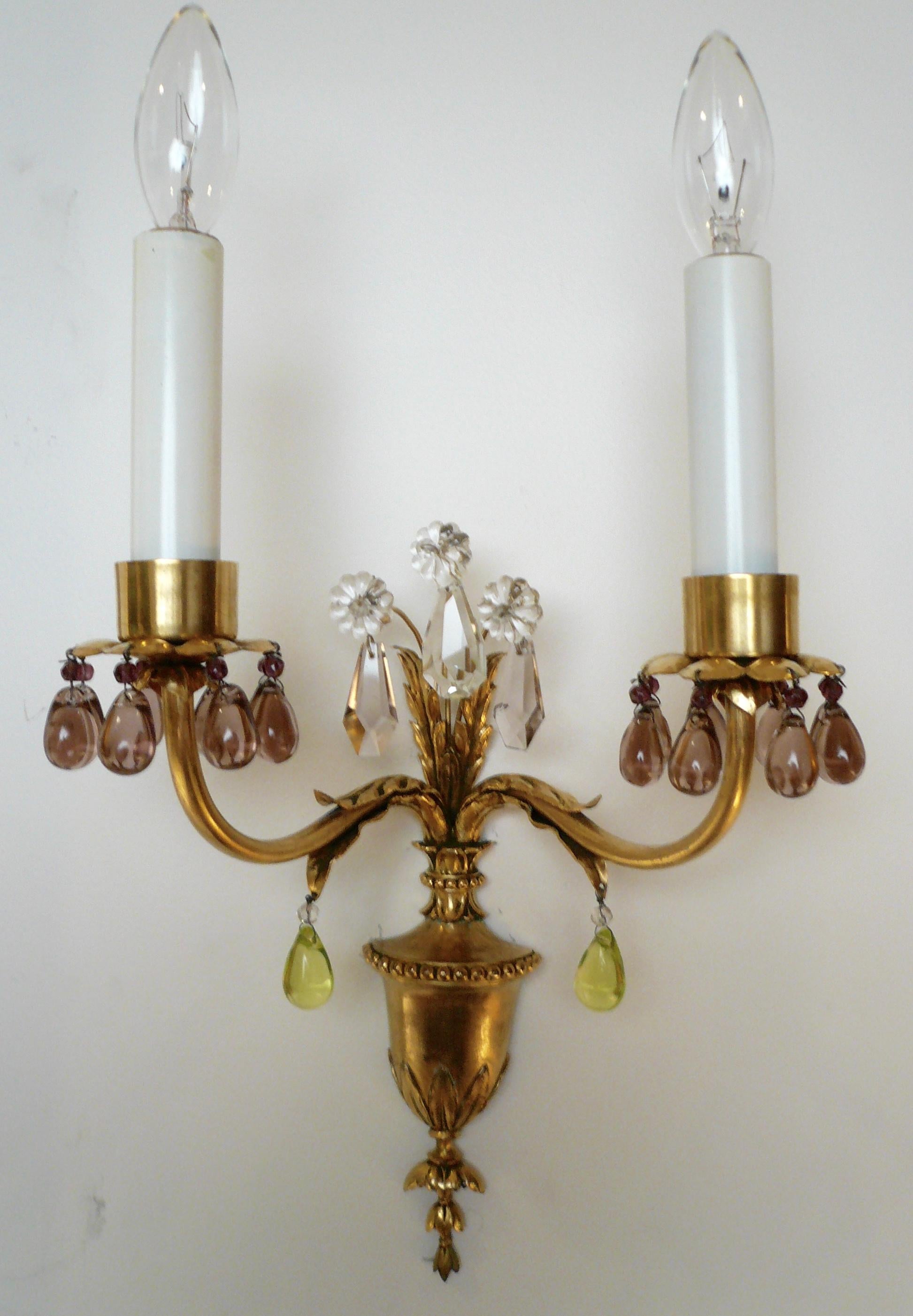Pair Signed E F Caldwell Gilt Bronze and Crystal Urn Form Two Light Sconces 2