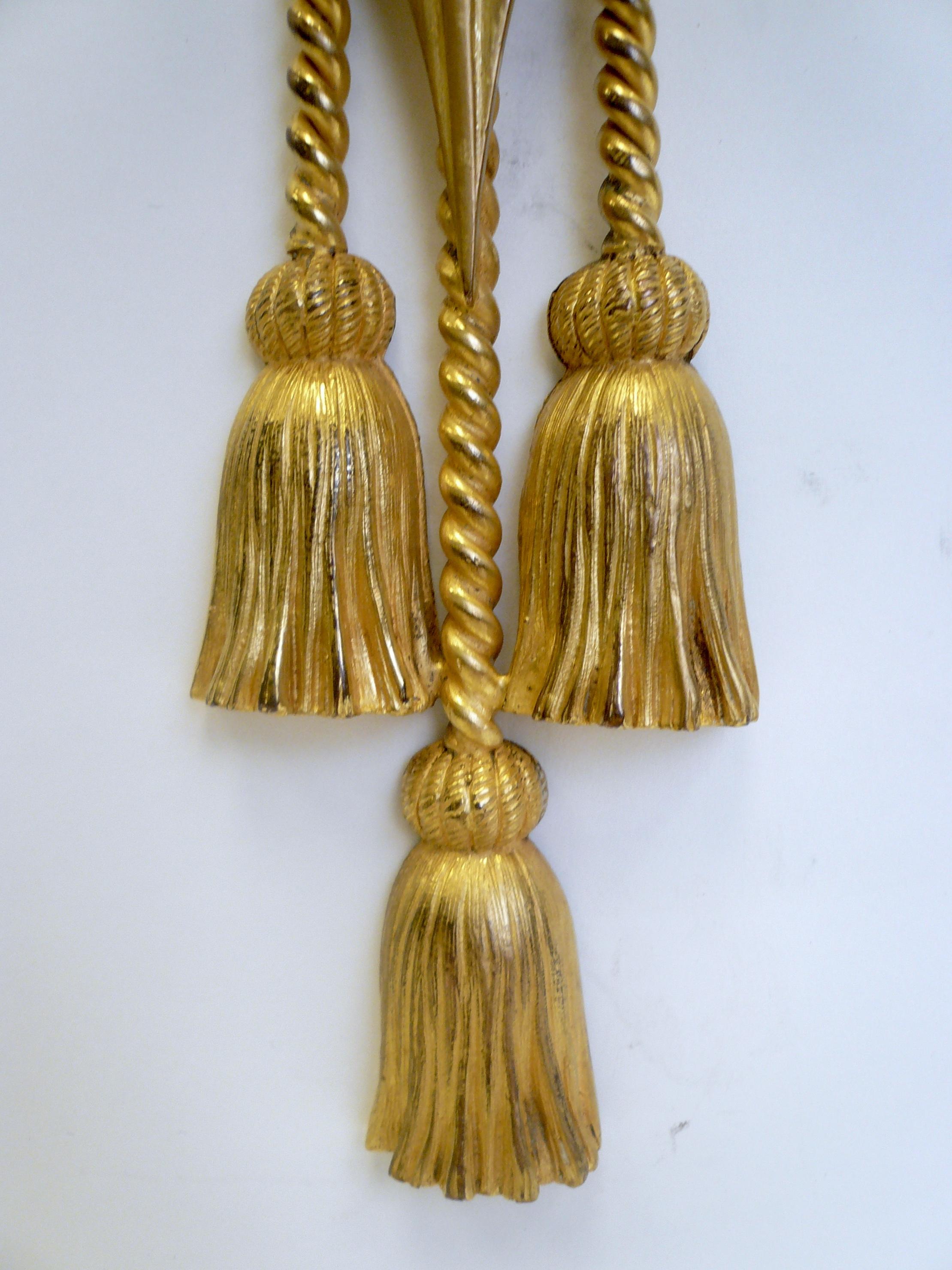 Neoclassical Signed E. F. Caldwell Gilt Bronze Classical Style Lion and Tassel Sconces, Pair