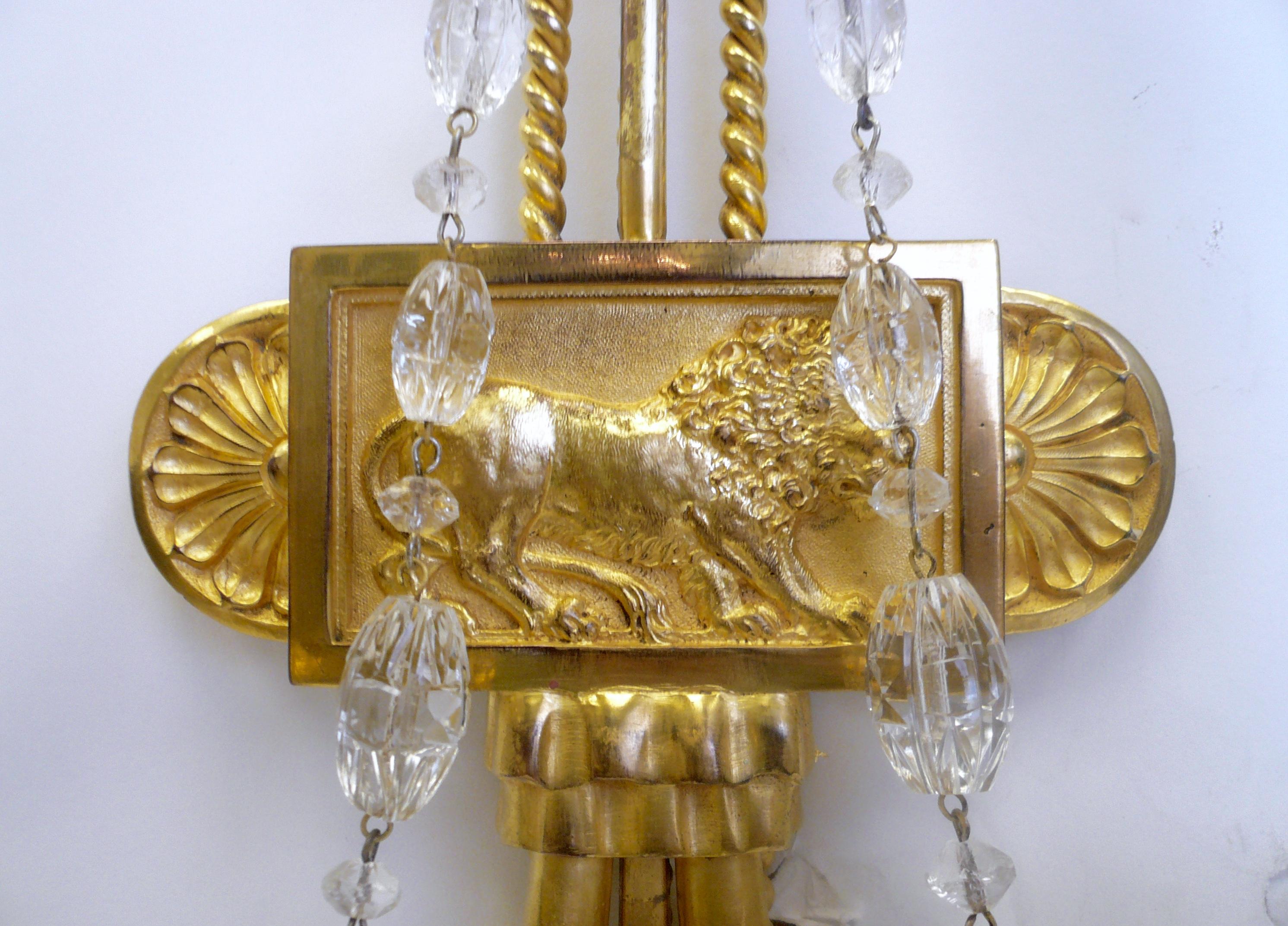American Signed E. F. Caldwell Gilt Bronze Classical Style Lion and Tassel Sconces, Pair