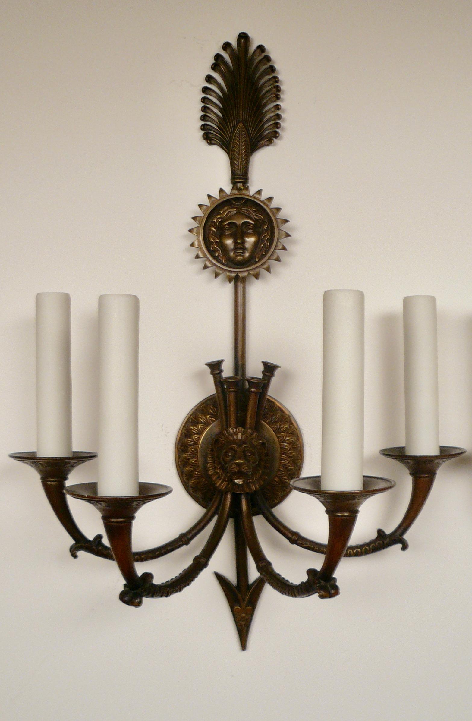 Pair Signed E F. Caldwell Neo-Classical Style Bronze Sconces For Sale 3