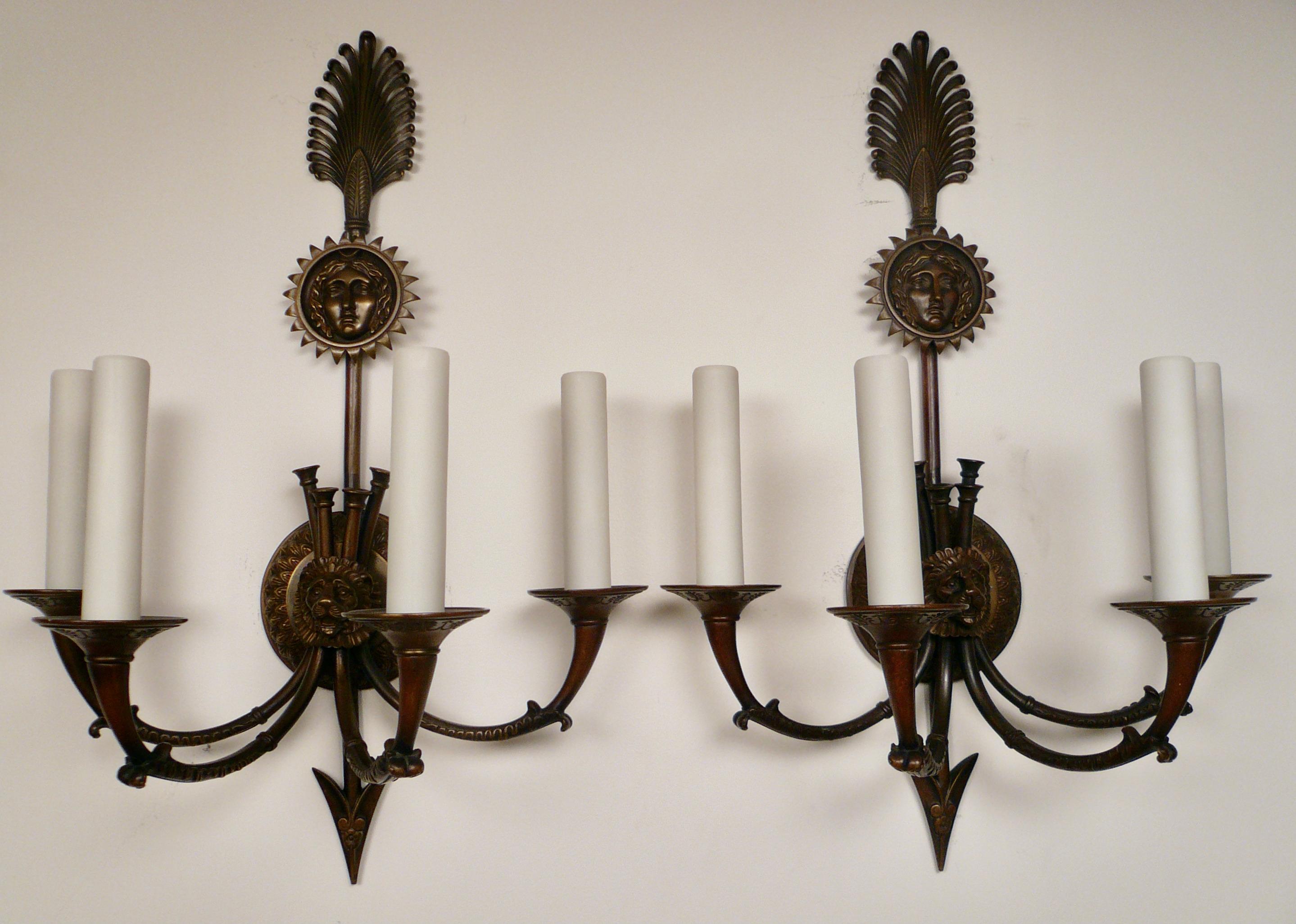 Pair Signed E F. Caldwell Neo-Classical Style Bronze Sconces For Sale 4