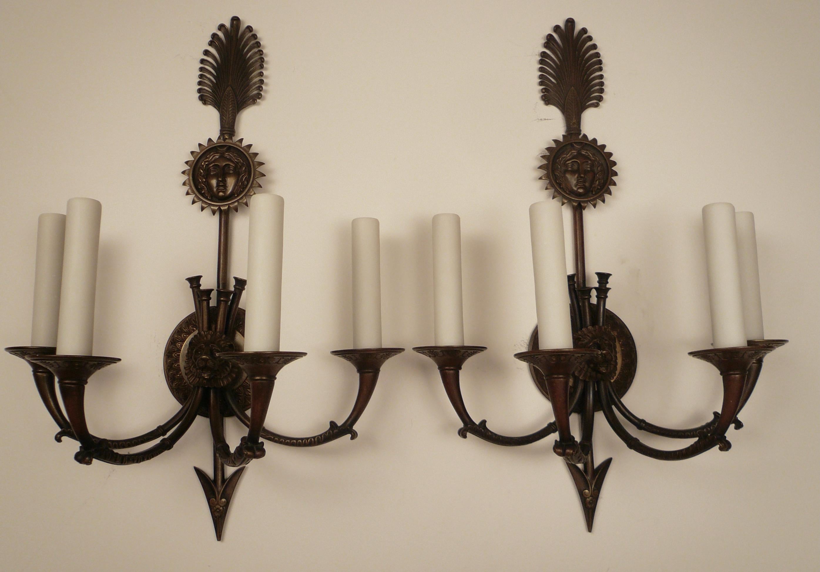 Pair Signed E F. Caldwell Neo-Classical Style Bronze Sconces For Sale 8