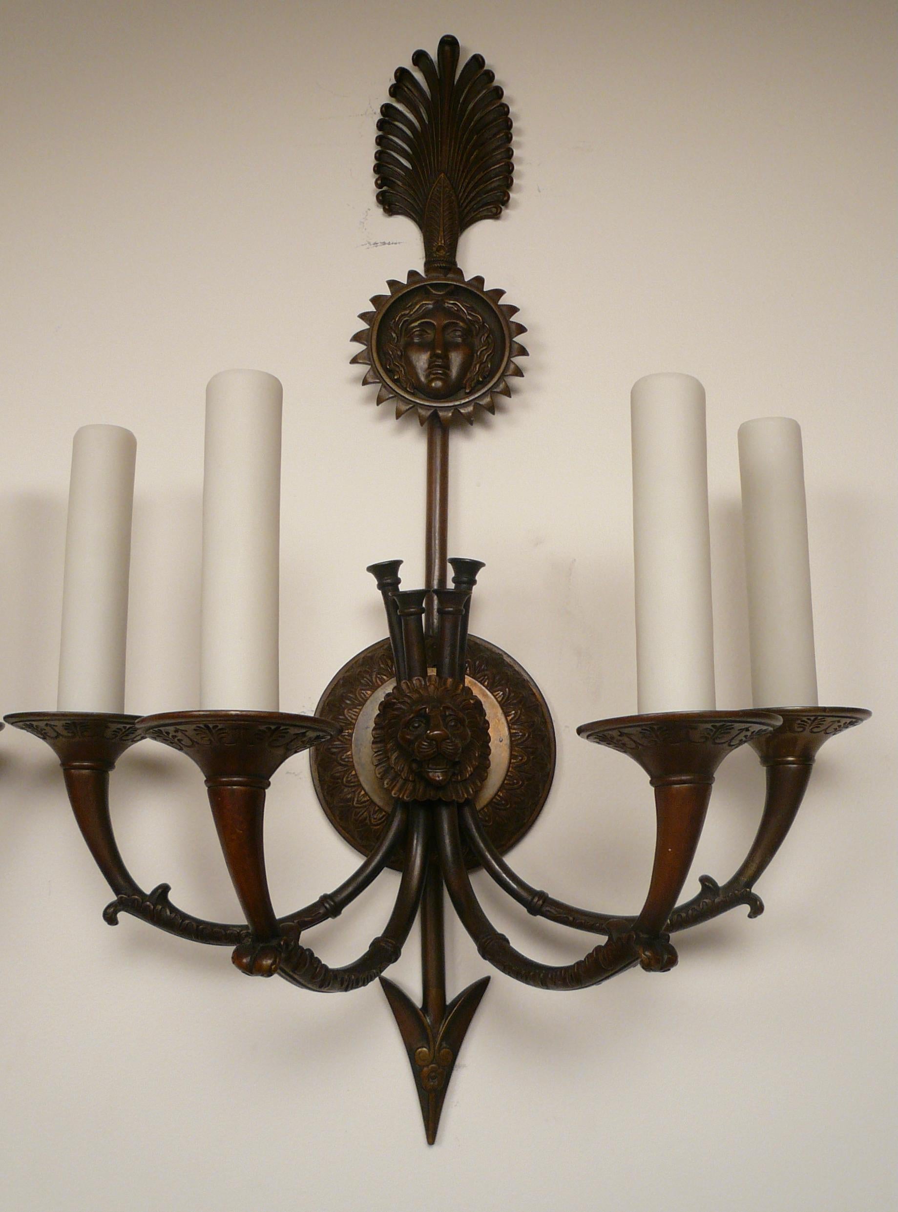 19th Century Pair Signed E F. Caldwell Neo-Classical Style Bronze Sconces For Sale