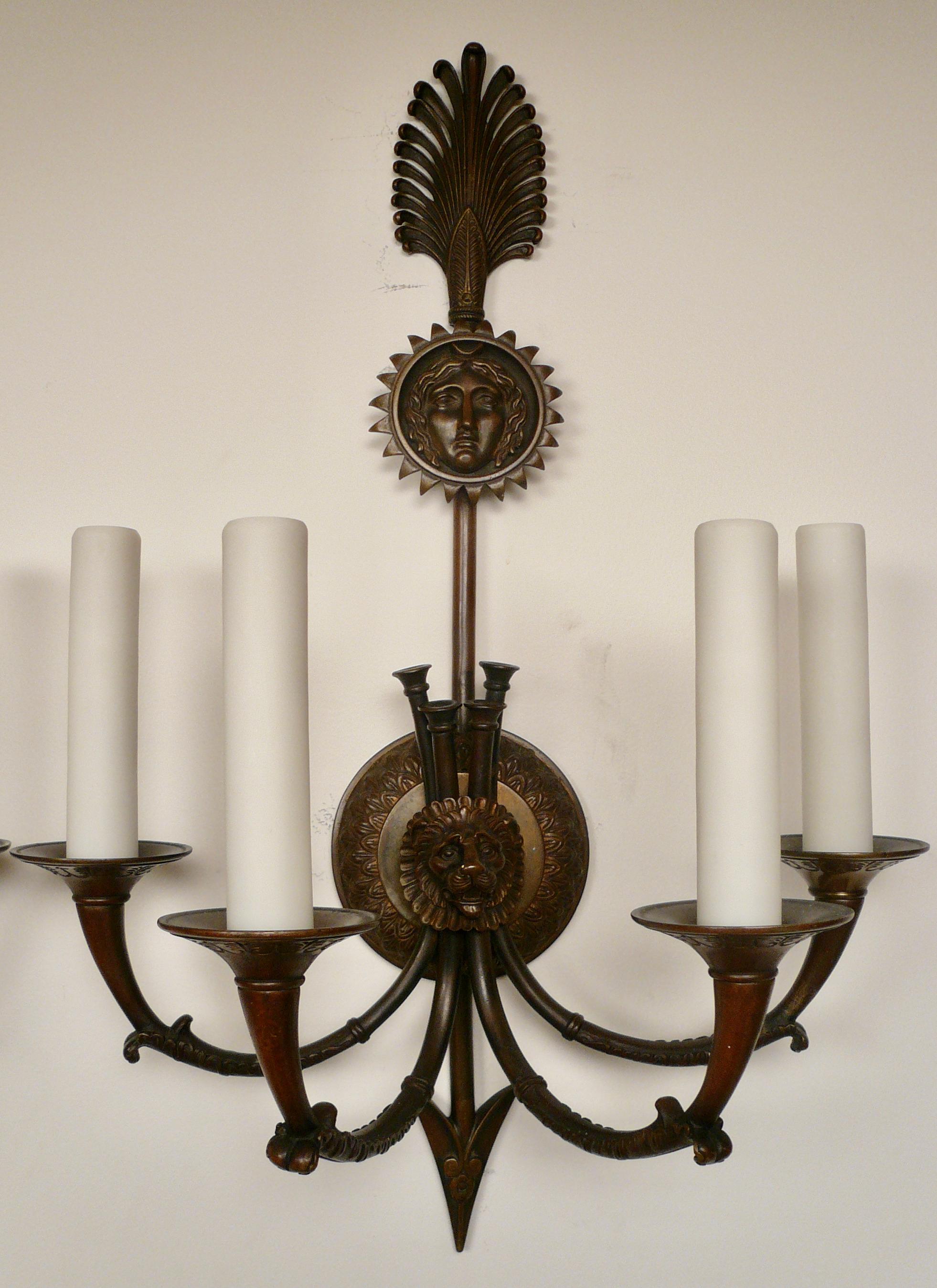 Pair Signed E F. Caldwell Neo-Classical Style Bronze Sconces For Sale 1