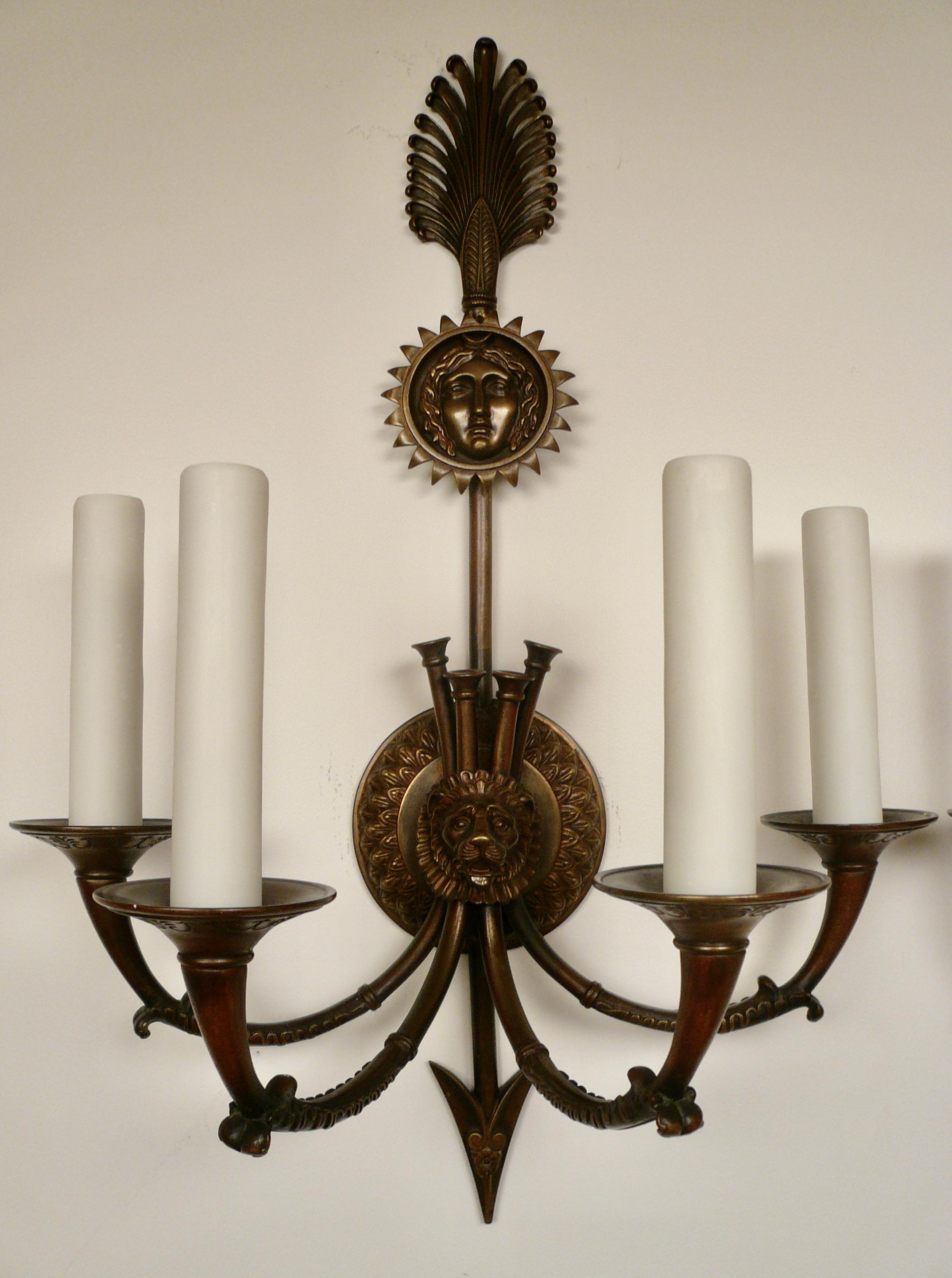 Pair Signed E F. Caldwell Neo-Classical Style Bronze Sconces For Sale 2