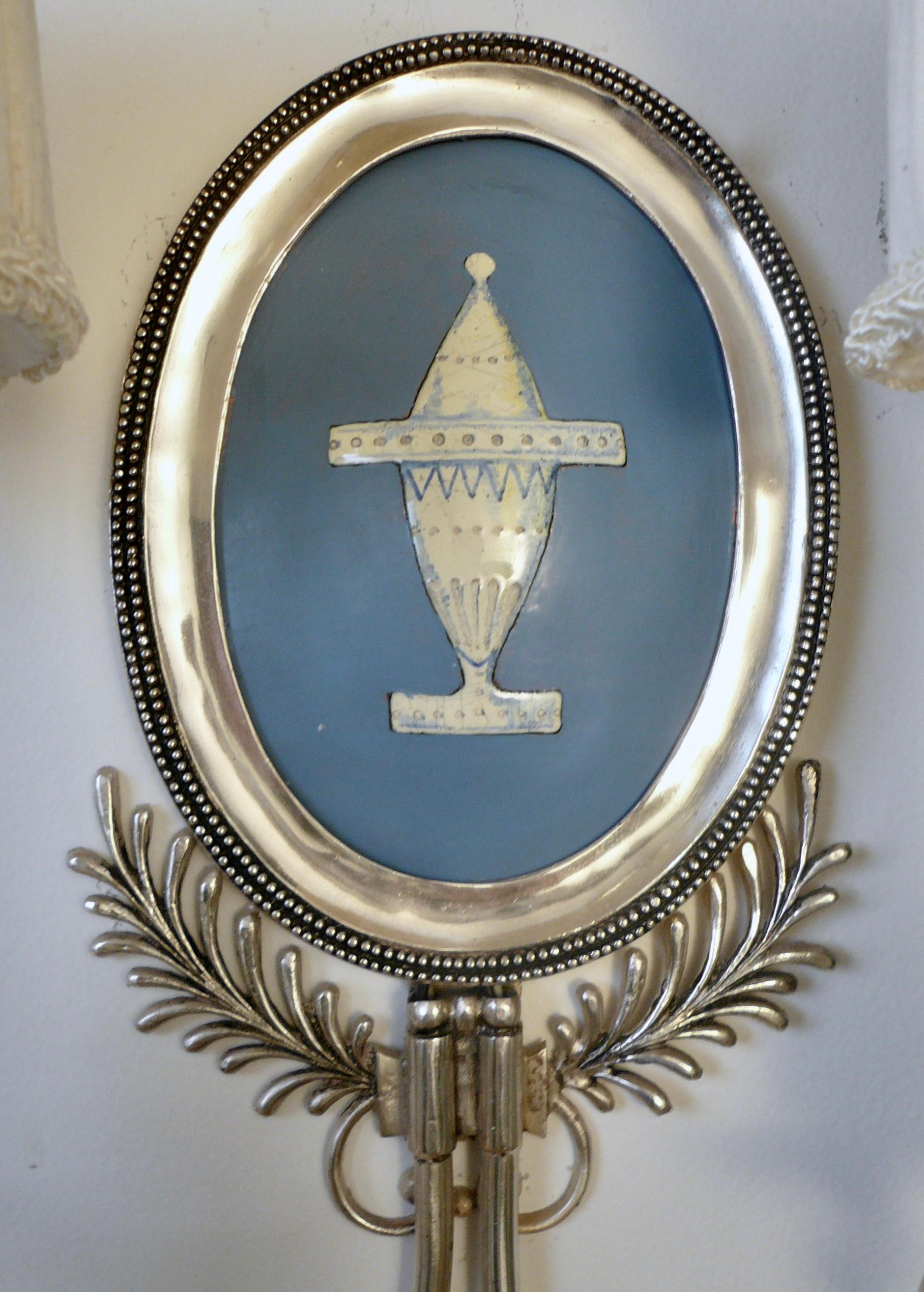 Pair Signed E. F. Caldwell Silver and Wedgwood Blue Enamel on Copper Sconces 2