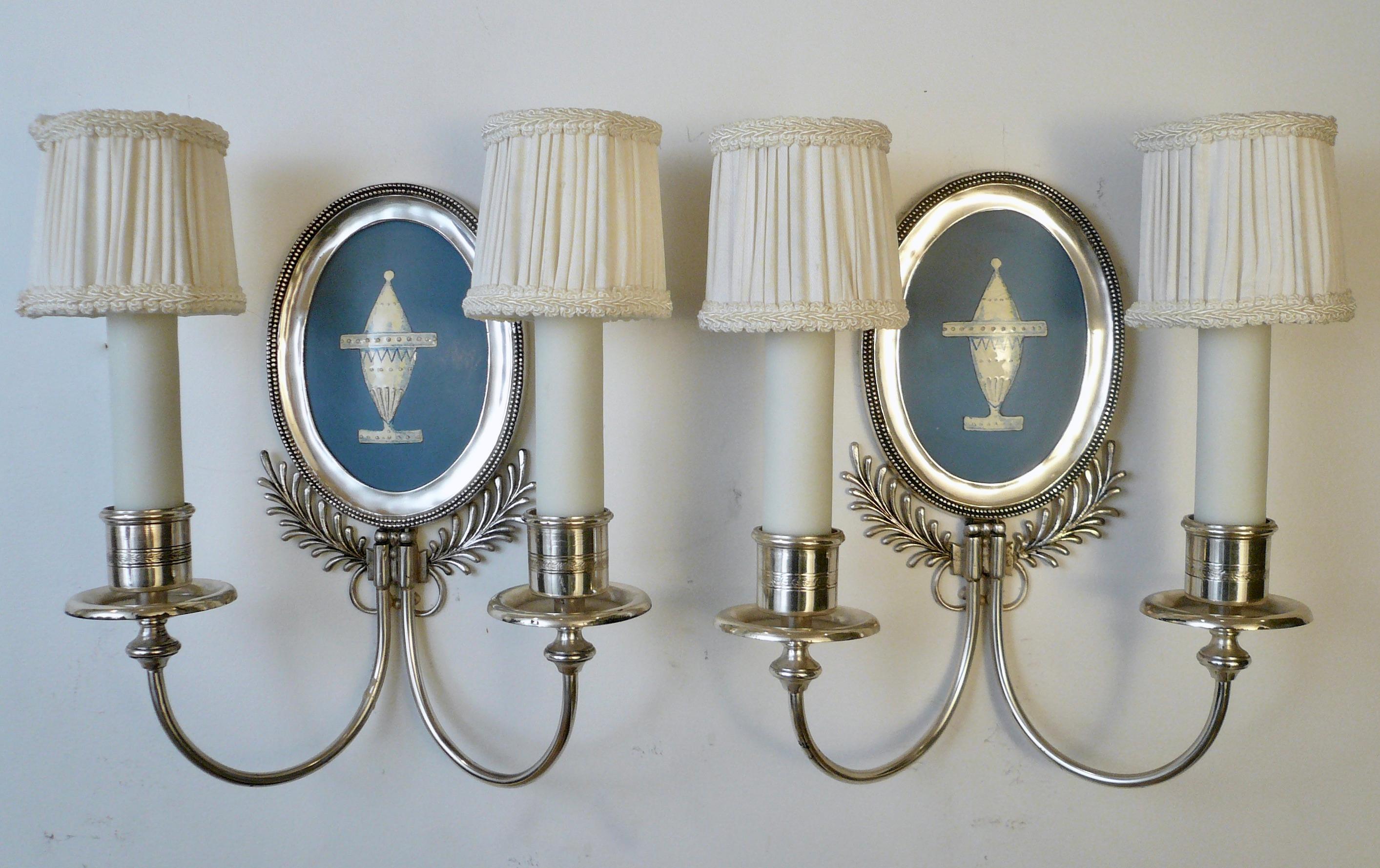 Pair Signed E. F. Caldwell Silver and Wedgwood Blue Enamel on Copper Sconces 3