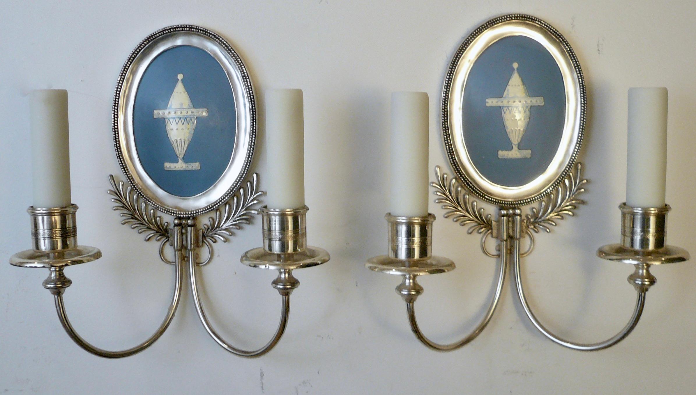 Pair Signed E. F. Caldwell Silver and Wedgwood Blue Enamel on Copper Sconces 4