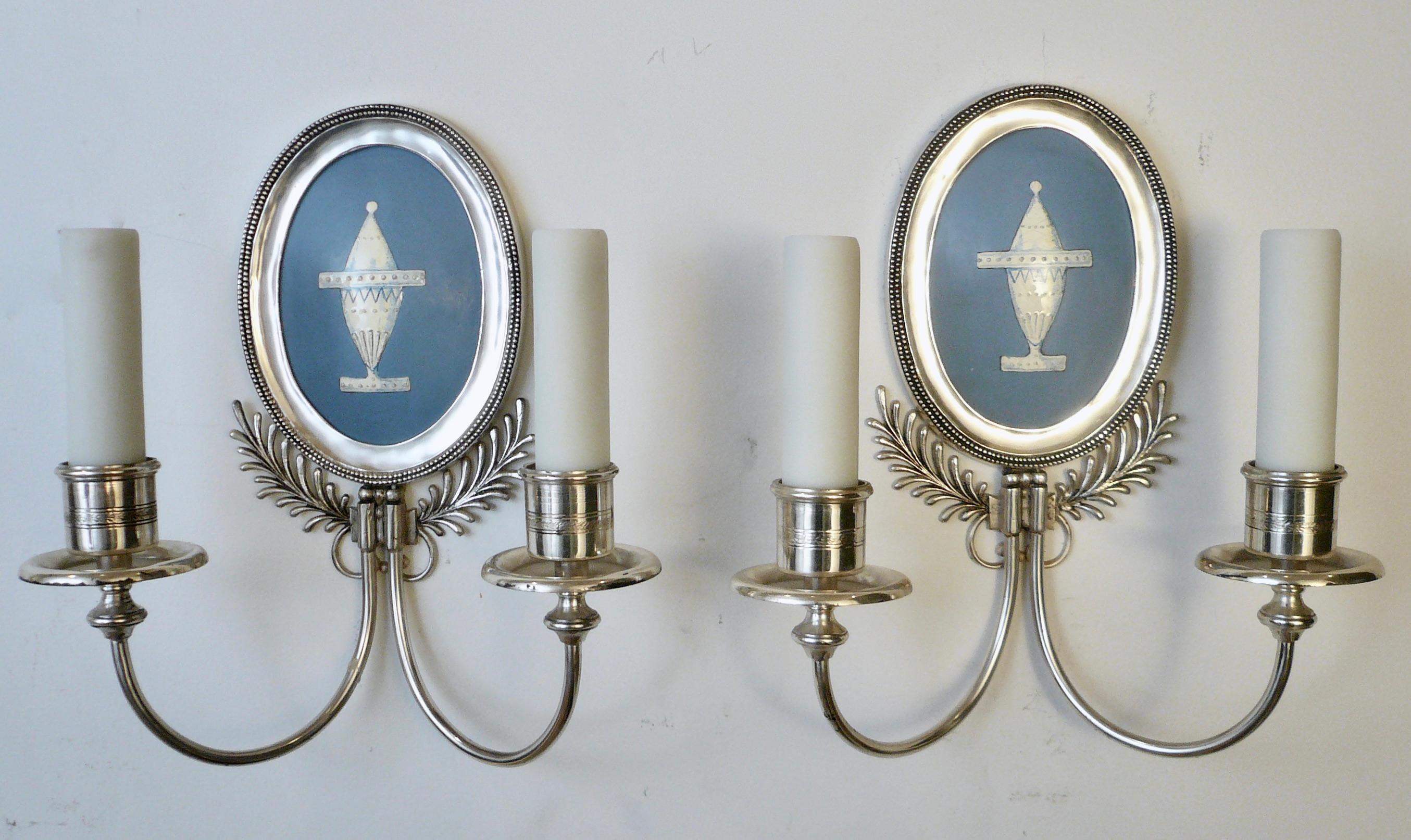 Pair Signed E. F. Caldwell Silver and Wedgwood Blue Enamel on Copper Sconces 5