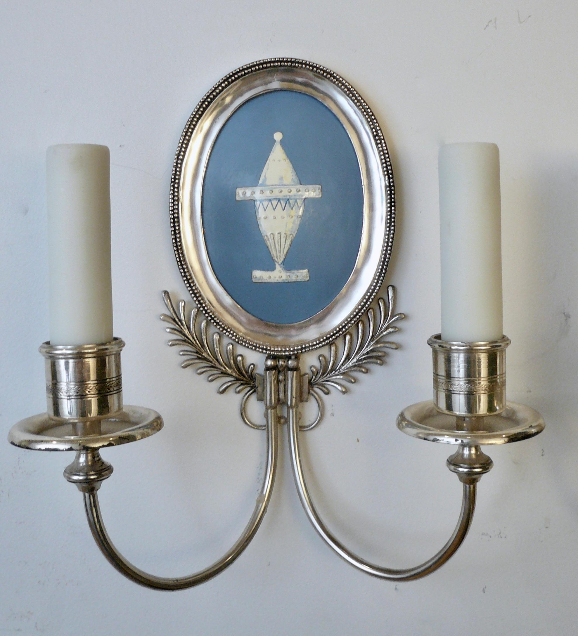 Pair Signed E. F. Caldwell Silver and Wedgwood Blue Enamel on Copper Sconces 6