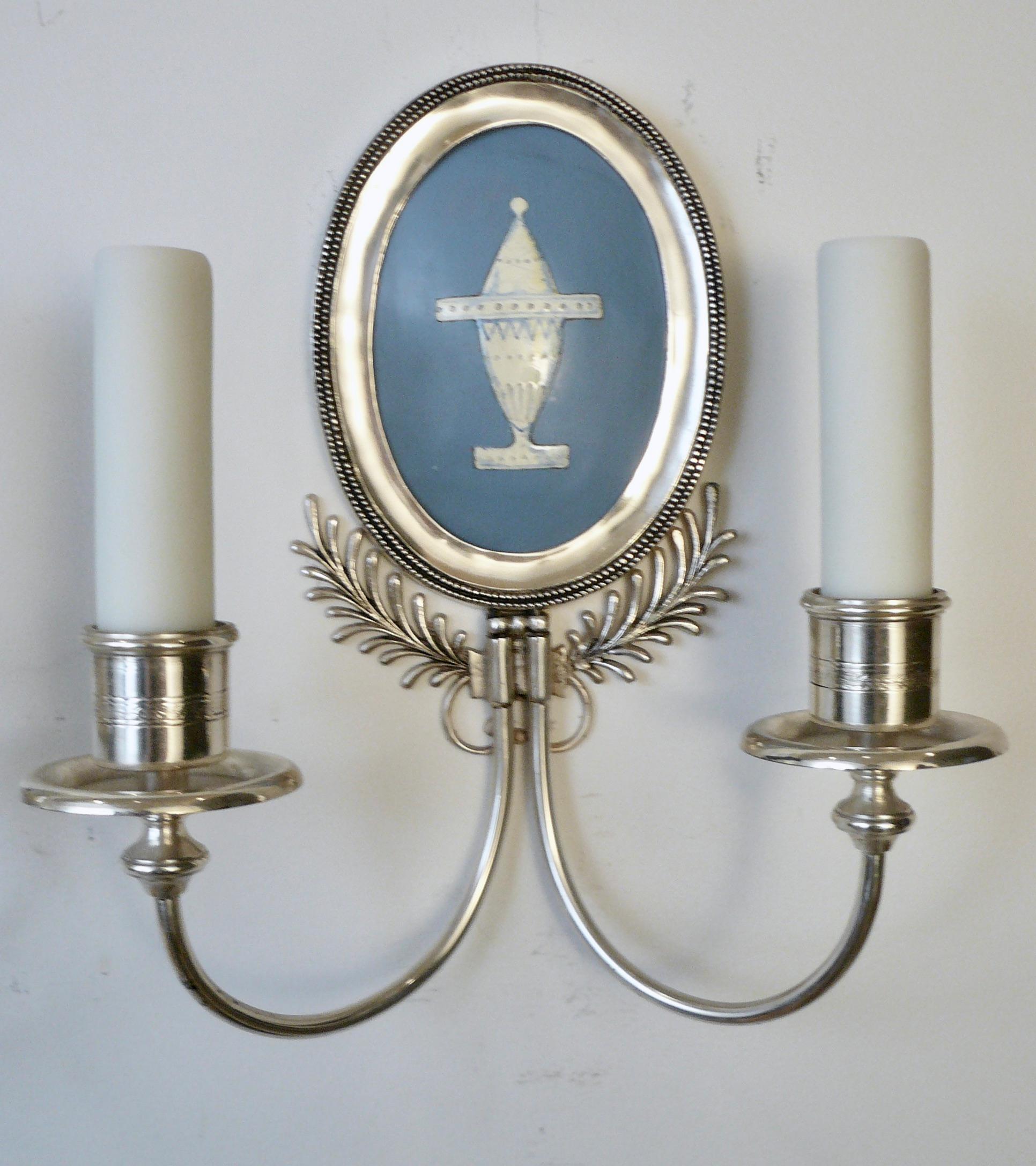Pair Signed E. F. Caldwell Silver and Wedgwood Blue Enamel on Copper Sconces 7