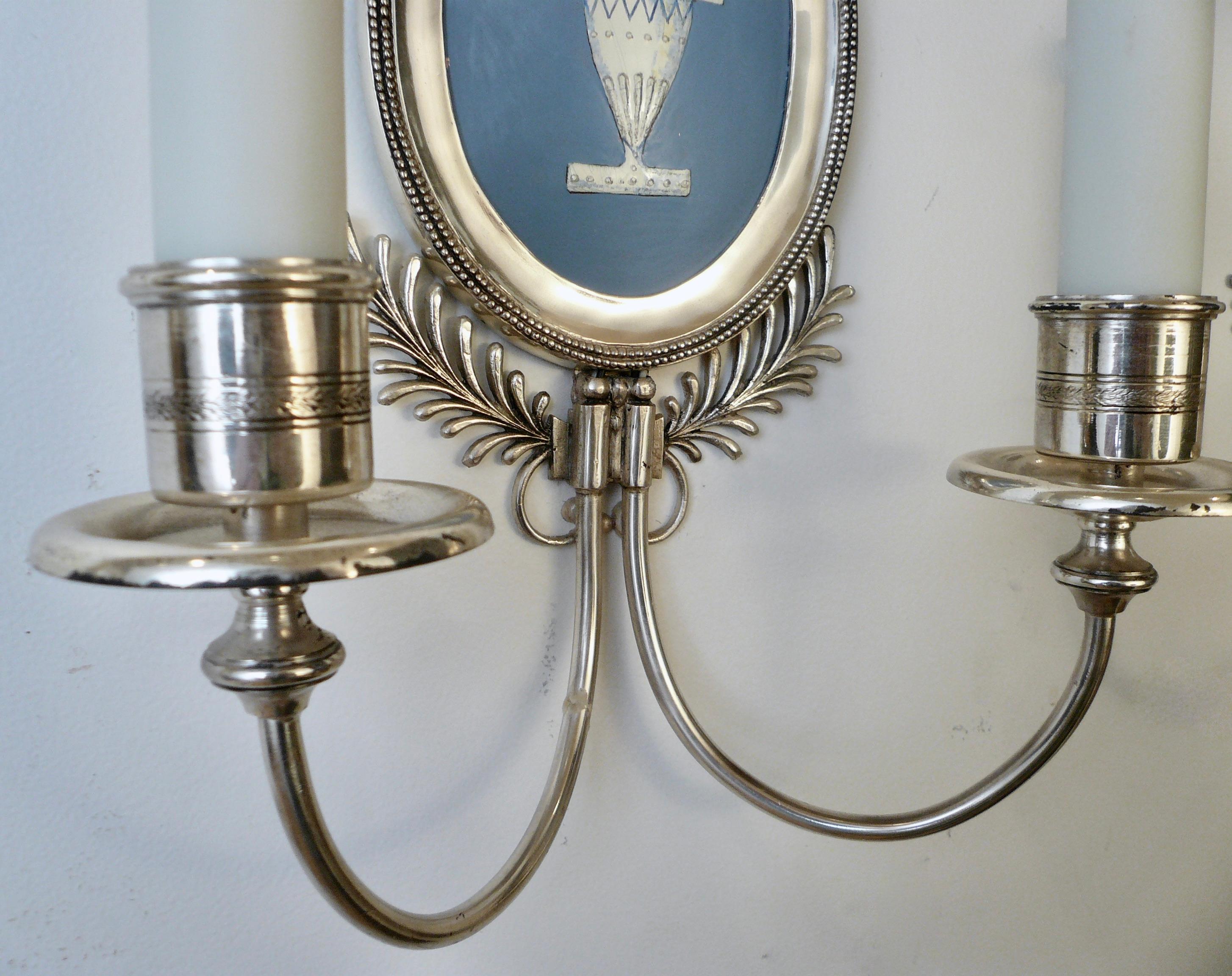 Pair Signed E. F. Caldwell Silver and Wedgwood Blue Enamel on Copper Sconces 8