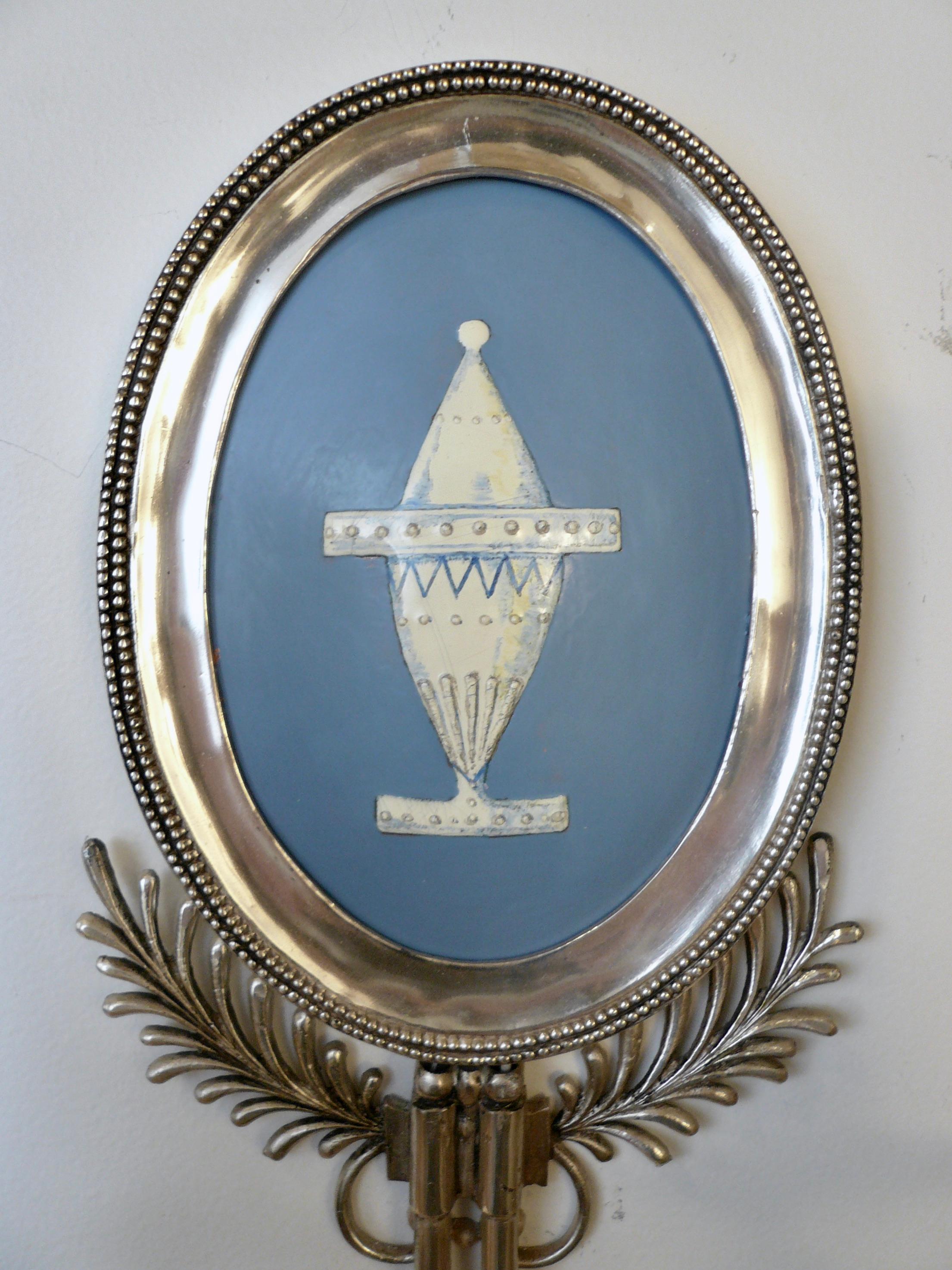 Pair Signed E. F. Caldwell Silver and Wedgwood Blue Enamel on Copper Sconces 9