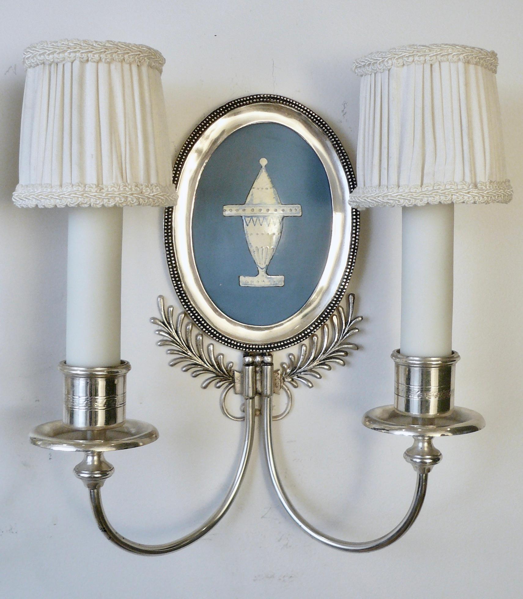 Adam Style Pair Signed E. F. Caldwell Silver and Wedgwood Blue Enamel on Copper Sconces