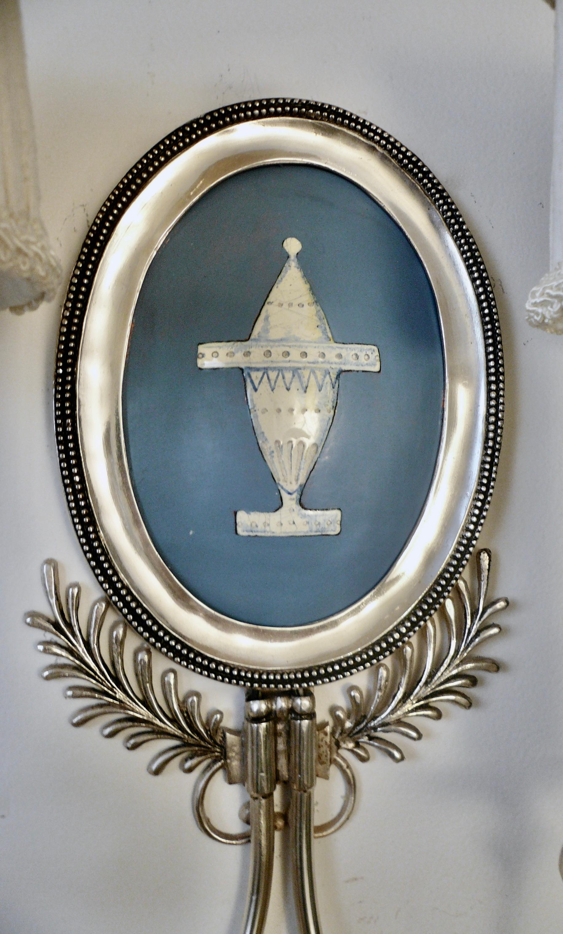 Silvered Pair Signed E. F. Caldwell Silver and Wedgwood Blue Enamel on Copper Sconces