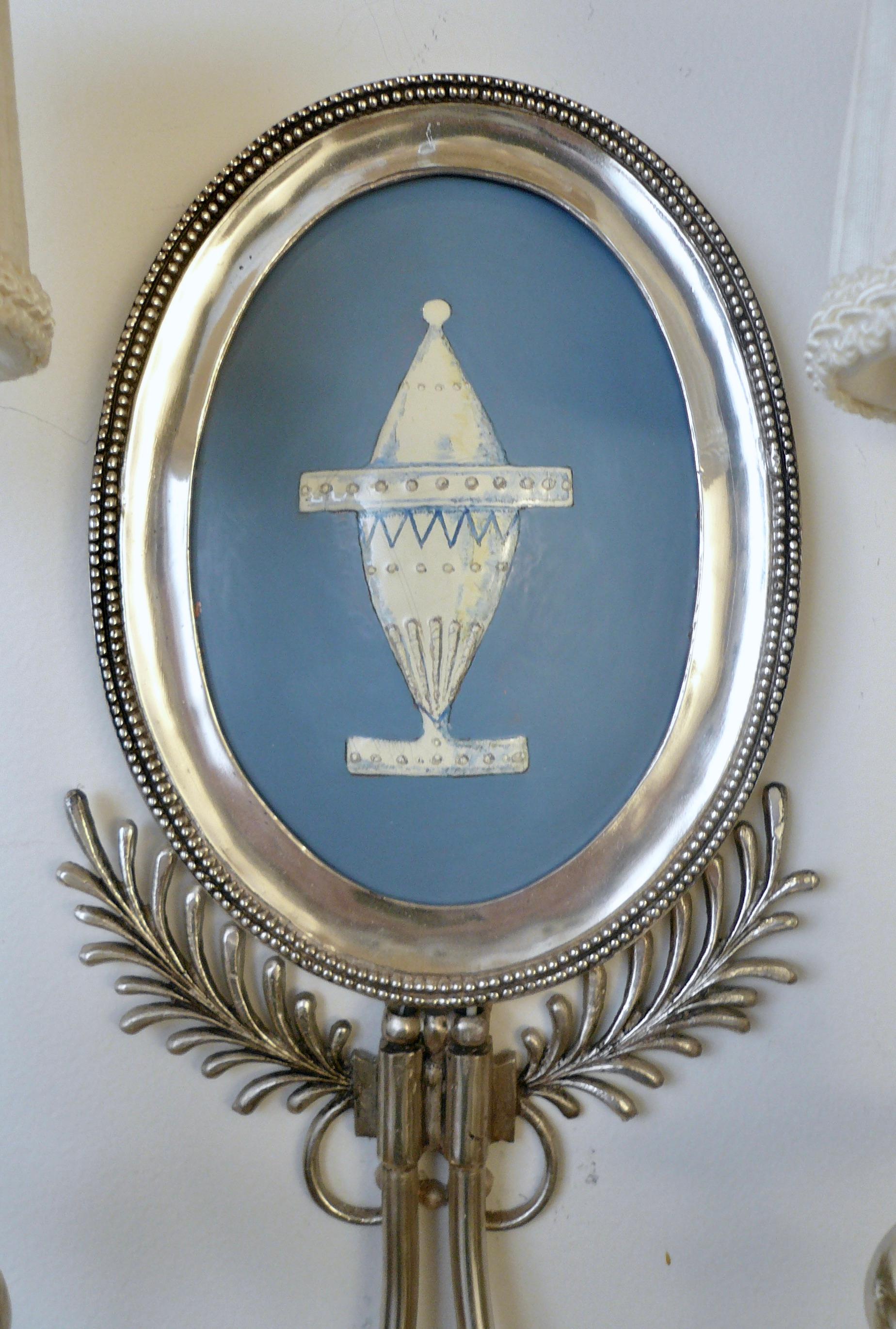 Pair Signed E. F. Caldwell Silver and Wedgwood Blue Enamel on Copper Sconces In Good Condition In Pittsburgh, PA