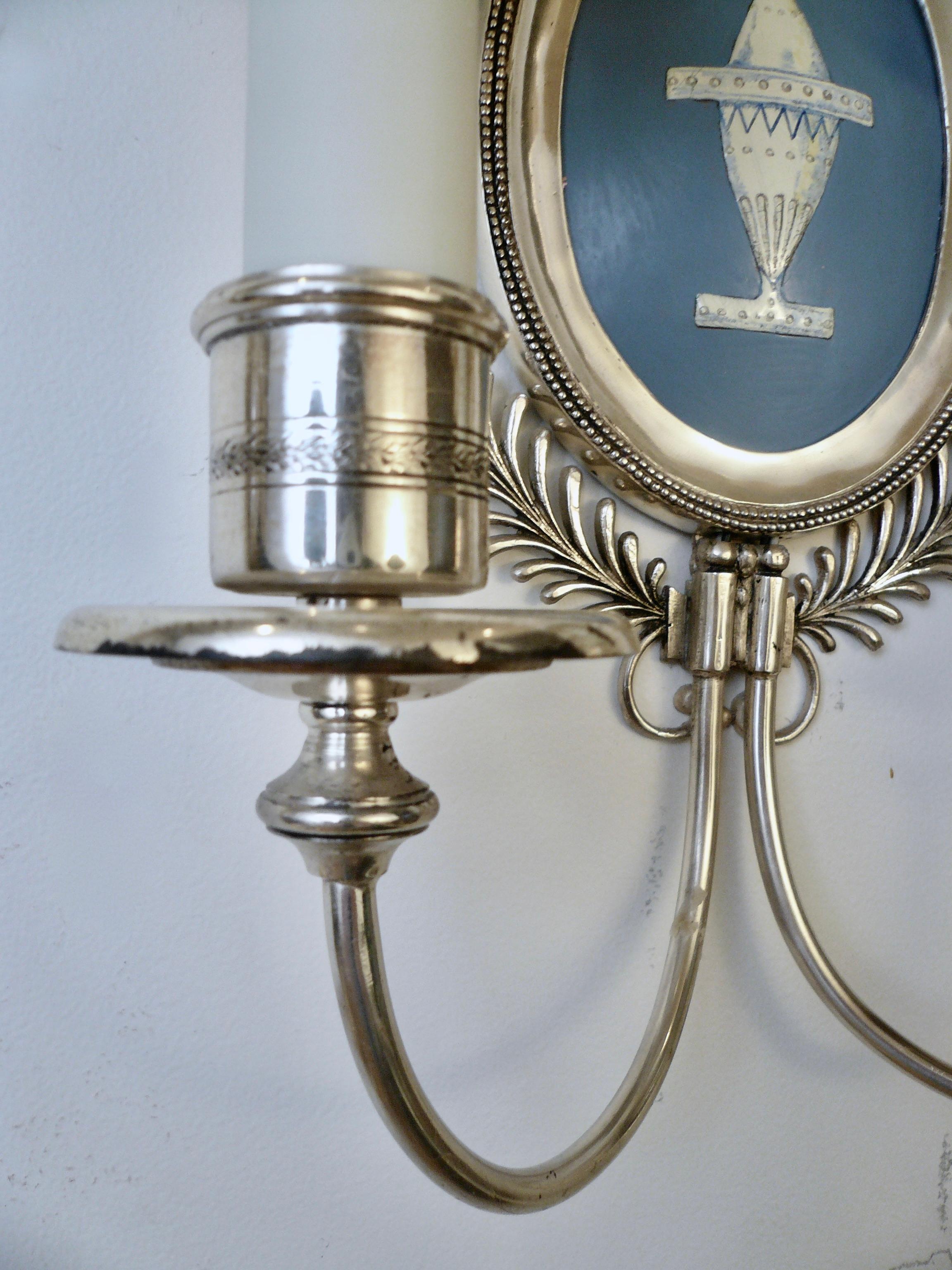 20th Century Pair Signed E. F. Caldwell Silver and Wedgwood Blue Enamel on Copper Sconces