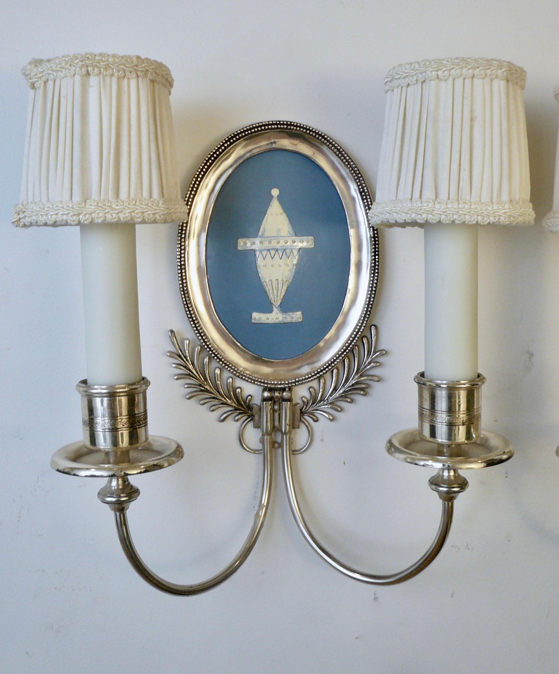 Bronze Pair Signed E. F. Caldwell Silver and Wedgwood Blue Enamel on Copper Sconces
