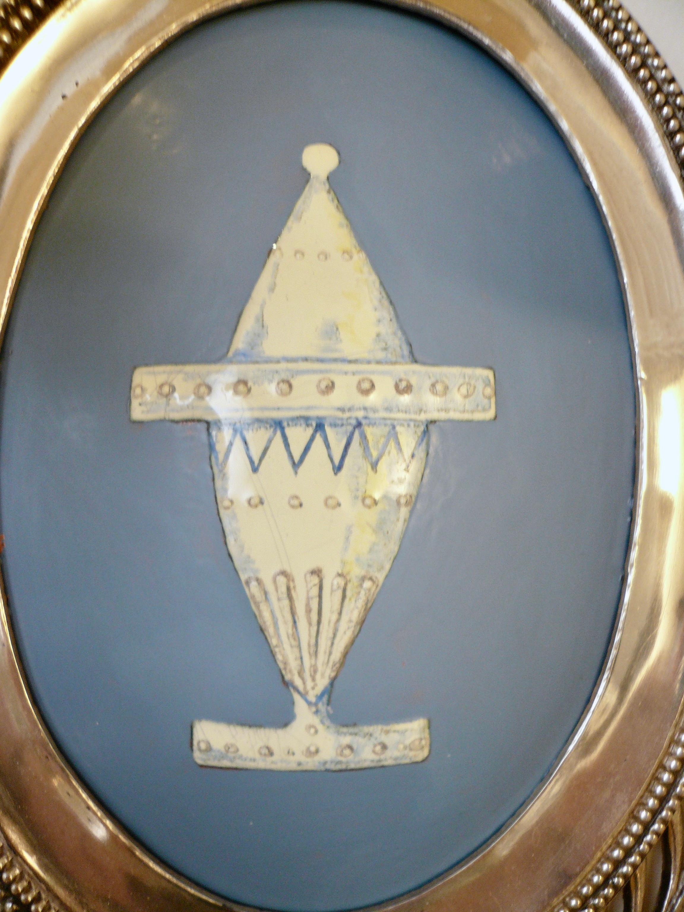 Pair Signed E. F. Caldwell Silver and Wedgwood Blue Enamel on Copper Sconces 1