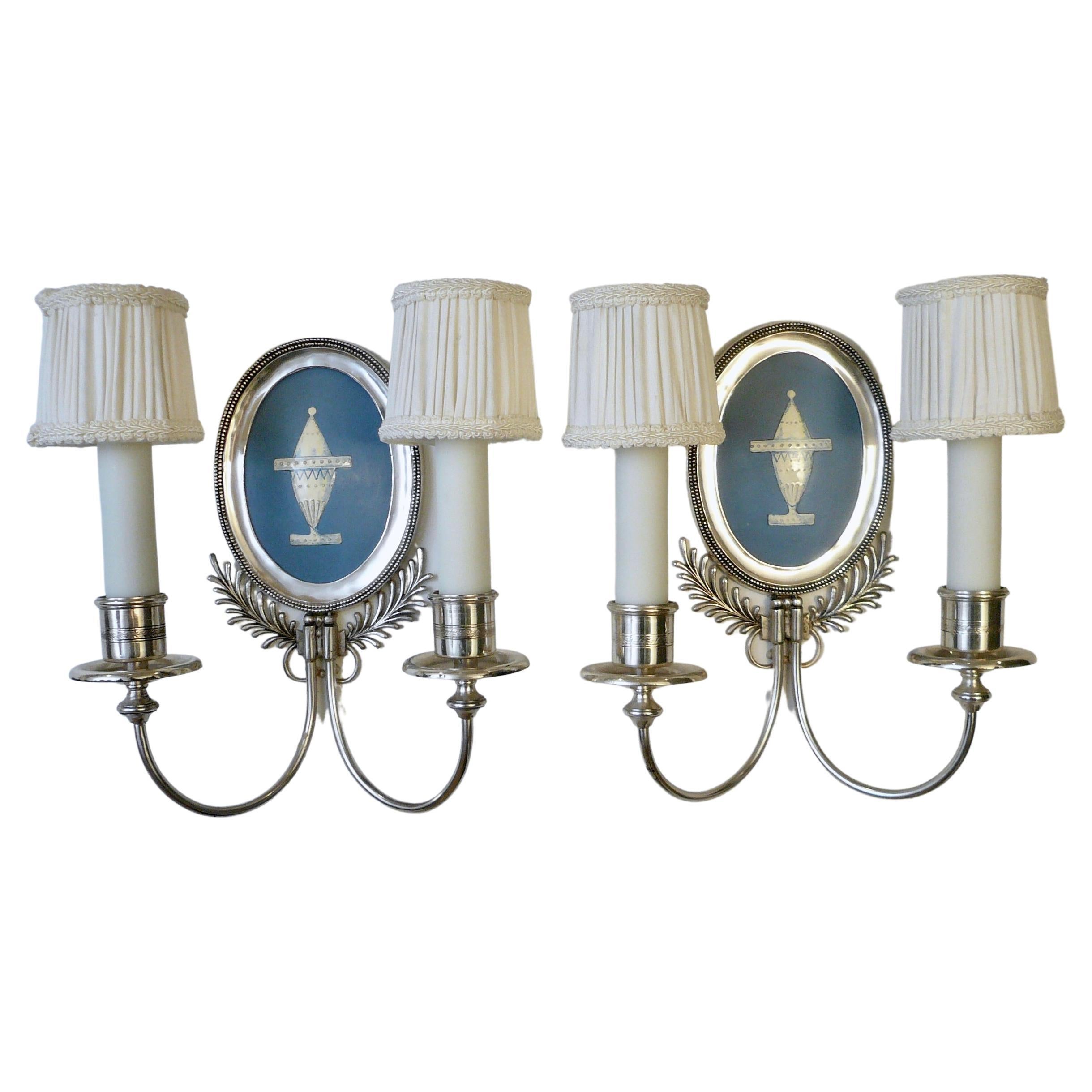 Pair Signed E. F. Caldwell Silver and Wedgwood Blue Enamel on Copper Sconces