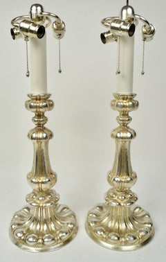 Pair Signed E. F. Caldwell Silvered Bronze Old English Style Lamps