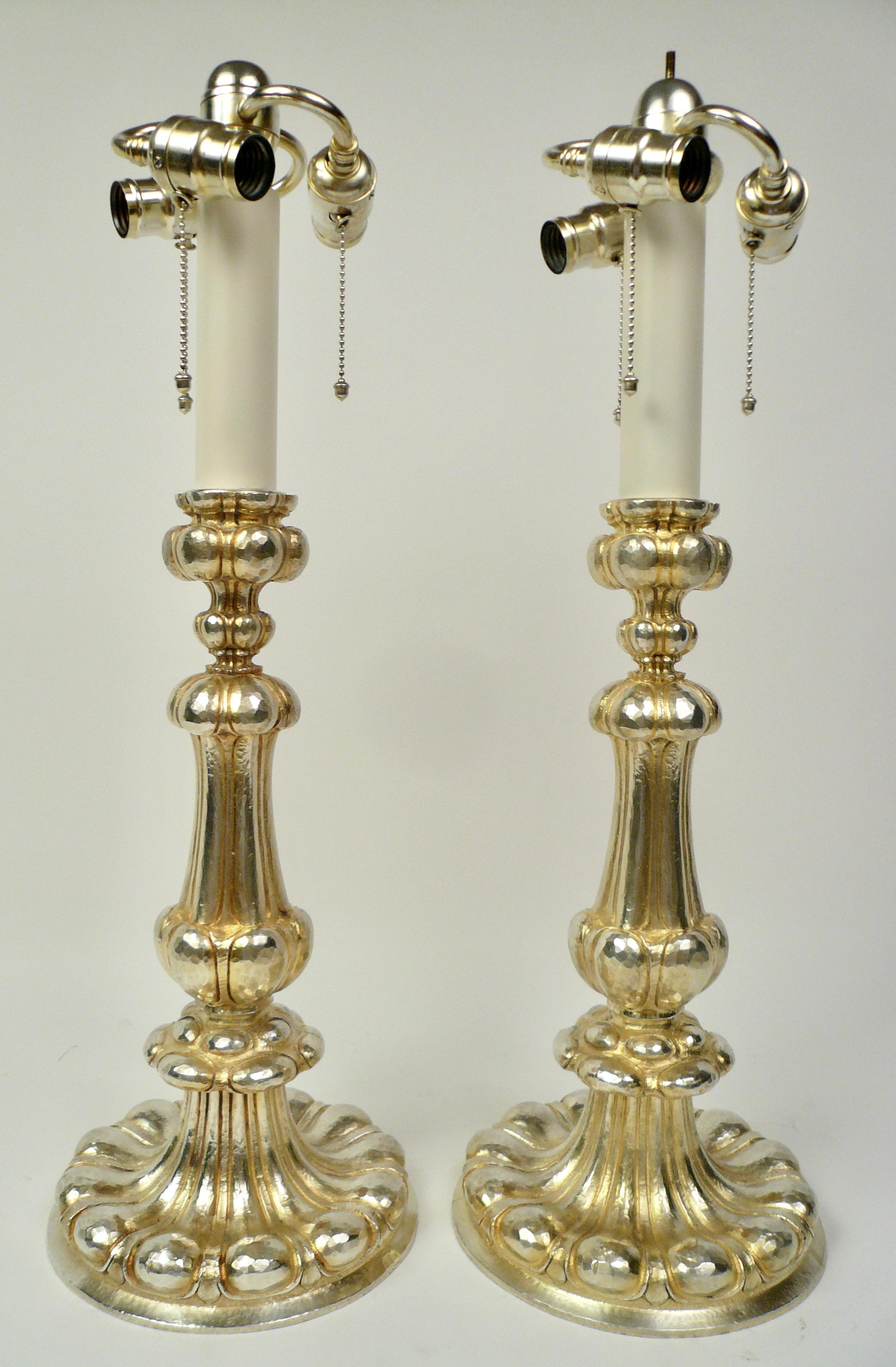 20th Century Pair Signed E. F. Caldwell Silvered Bronze Old English Style Lamps