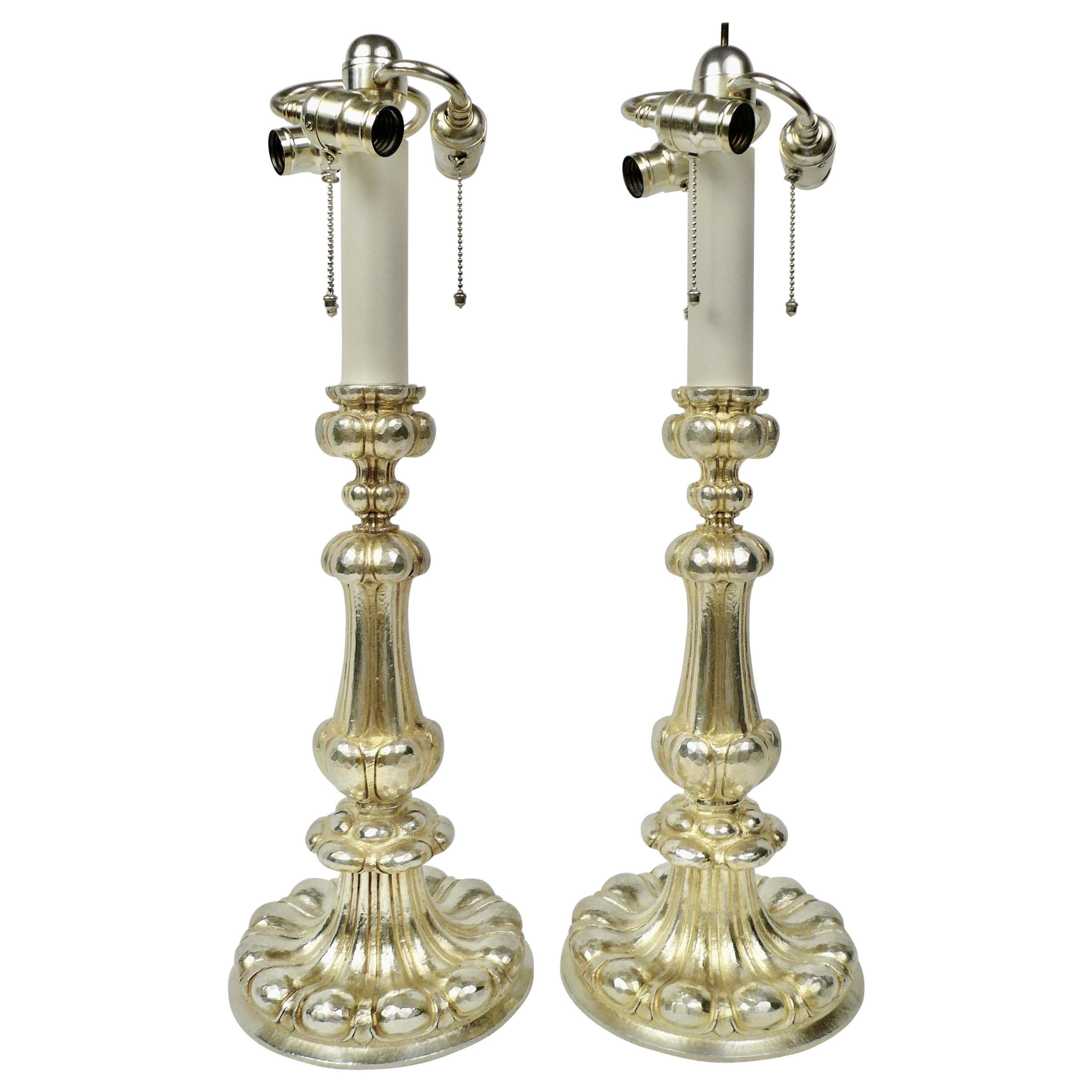 Pair Signed E. F. Caldwell Silvered Bronze Old English Style Lamps