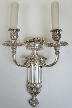 Pair of Signed E. F. Caldwell Slivered Bronze Two-Light Sconces