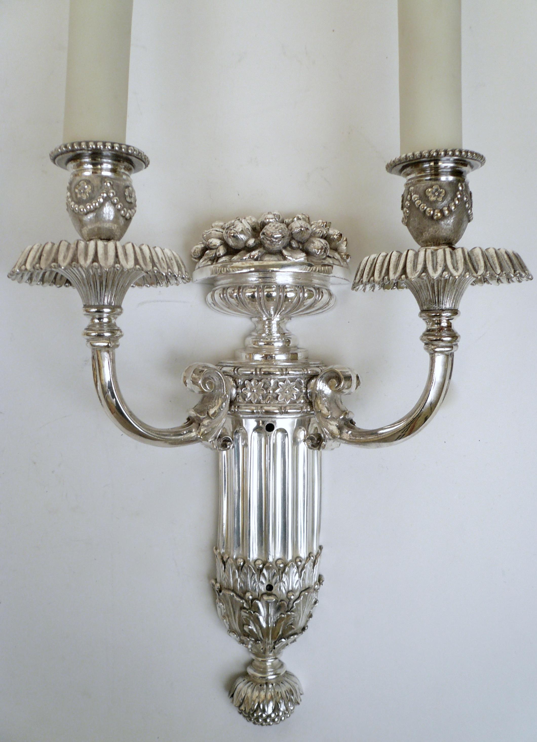 American Pair of Signed E. F. Caldwell Slivered Bronze Two-Light Sconces For Sale