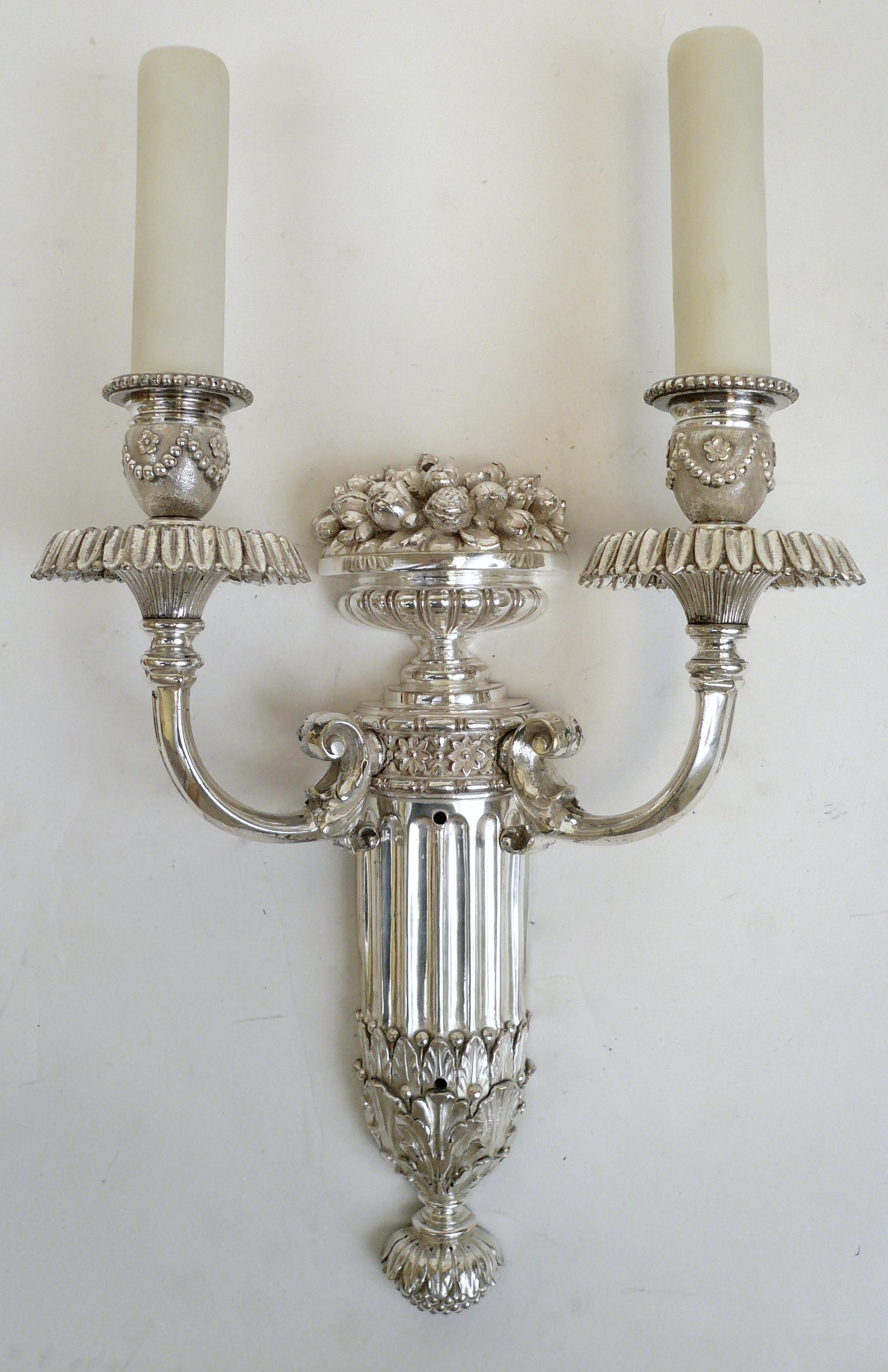 Silvered Pair of Signed E. F. Caldwell Slivered Bronze Two-Light Sconces For Sale