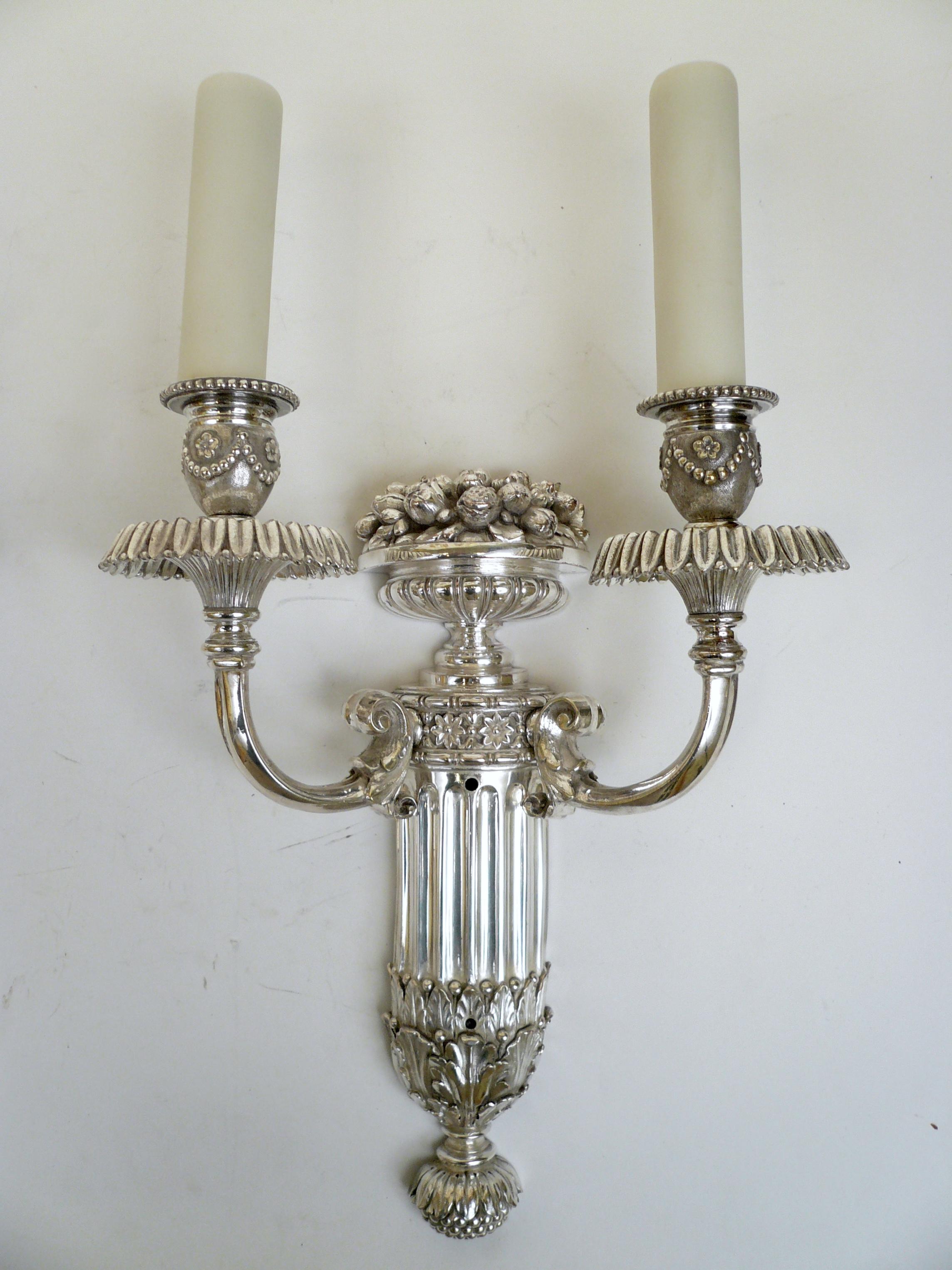 Pair of Signed E. F. Caldwell Slivered Bronze Two-Light Sconces In Good Condition For Sale In Pittsburgh, PA